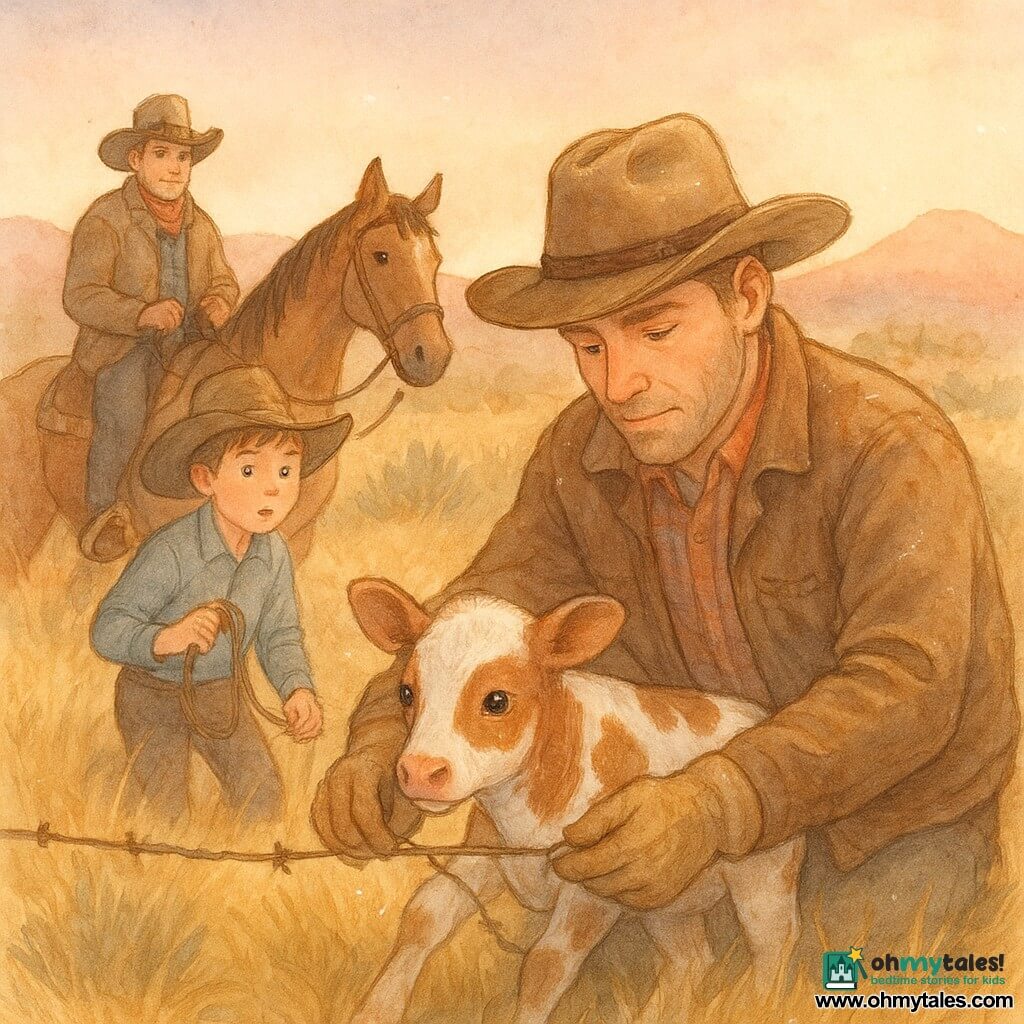 A man — Cody — kneels in the foreground, calm and focused, dusty brown clothes and cowboy hat, undoing a rusty wire from a small speckled brown-and-white calf with precise, reassuring hands; a boy — Pip, about 12 — stands left behind Cody, surprised but brave, holding a horse's rein and watching the herd; a mare — Juniper — stands close behind Cody, sturdy and brindled, saddle girth visible and ears alert; Boss Tanner sits a few meters back on his horse, broad-shouldered with a large belt buckle, watching with relief; the scene is a tender, quiet rescue in a golden morning meadow with tall swaying grasses, thorny bushes, light dust in the air and pink hills under a peachy-pink sky, soft dawn light and watercolor-like textures with white gel-pen highlights.