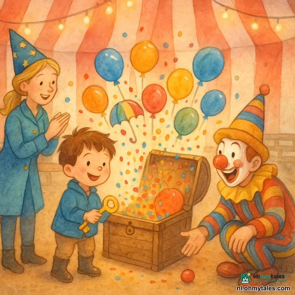 Een 4-jarig jongetje met ronde wangen en warrig bruin haar, in een blauw jasje en glanzende laarsjes, houdt een gouden sleutel en opent een houten kist waaruit confetti en kleurrijke ballonnen stromen. Links staat de circa 30-jarige dierentemster Lola, blond haar opgestoken, sterrenhoed, glimlachend en klappend; rechts hurkt de circa 35-jarige clown met geschminkt gezicht en grote rode neus, lachend en een rollende kleine rode neus oppakkend. Op een kist achter de kist zit het antropomorfe muisfiguurtje Meneer Muis met klein pak en pet, een donut etend. Het is binnen in een rood-wit gestreepte circustent met ocre piste, zachte verlichting en lichtslingers; het magische moment dat de oude kist een explosie van kleuren vrijgeeft — confetti als regen, zwevende ballonnen en een opengaande regenboogparaplu — iedereen lacht en applaudisseert.