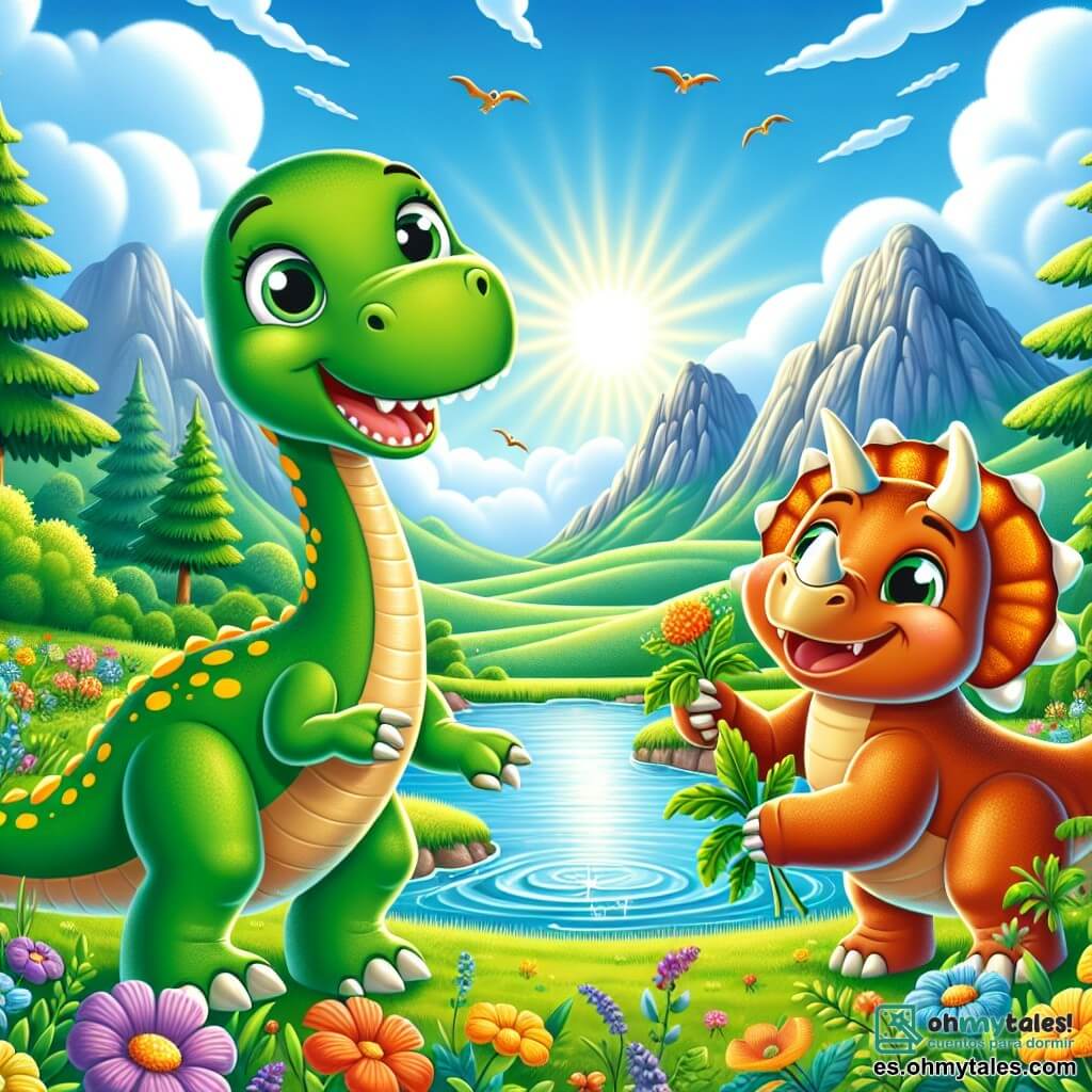 Un diplodocus llamado Dino, con un largo cuello y piel verde manchada de amarillo, se encuentra alegremente al borde de un arroyo centelleante, con sus grandes ojos brillando de felicidad al descubrir su nuevo entorno. A su lado, un triceratops llamado Trix, con tres cuernos afilados y piel naranja, sonríe ampliamente, mostrando las hojas verdes que ha encontrado, listo para compartir con su amigo. El escenario es un valle verde lleno de árboles gigantes con hojas exuberantes, flores coloridas y un cielo azul brillante salpicado de nubes blancas esponjosas. A lo lejos, majestuosas montañas se alzan, añadiendo un toque de grandeza a este paisaje idílico. La escena principal muestra a Dino y Trix, rodeados de naturaleza, celebrando su amistad y el descubrimiento de este nuevo lugar hermoso, donde pueden jugar y descansar juntos.