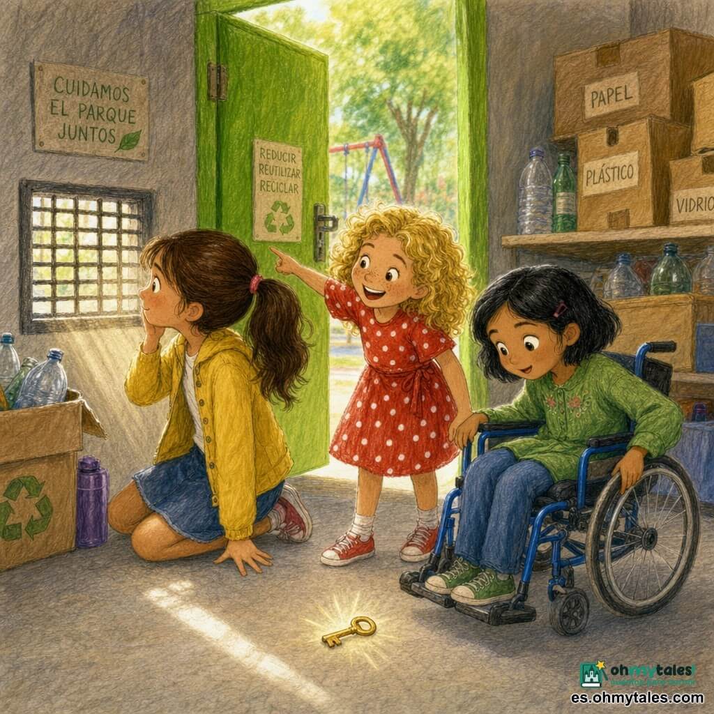 Hay tres niñas: Lucía (9 años), pelo castaño en coleta, ojos avellana, chaqueta amarilla y falda vaquera, sentada a la izquierda frente a la entrada del cuarto de basuras mirando por una pequeña rejilla; Marta (8 años), pelo rubio rizado, sonrisa amplia, vestido rojo con lunares blancos, de pie en el centro riendo y señalando la rejilla; Sofía (9 años), pelo negro corto, en silla de ruedas azul, blusa verde, a la derecha con la mano en la rueda mirando curiosa al suelo donde brilla una pequeña llave dorada. Lugar: cuarto de servicio limpio y colorido al fondo de un pequeño parque urbano, suelo de hormigón claro, puerta metálica abierta pintada color manzana, cajas de cartón y algunas botellas reciclables, rejilla rectangular que deja pasar un rayo de luz, árboles y columpio difuminados al fondo. Situación: las tres pequeñas detectives descubren un eco misterioso y encuentran la llave dorada junto a la rejilla; ambiente alegre, expresiones asombradas y cómplices, luz suave, estilo lápices de colores con trazos visibles y colores vivos.