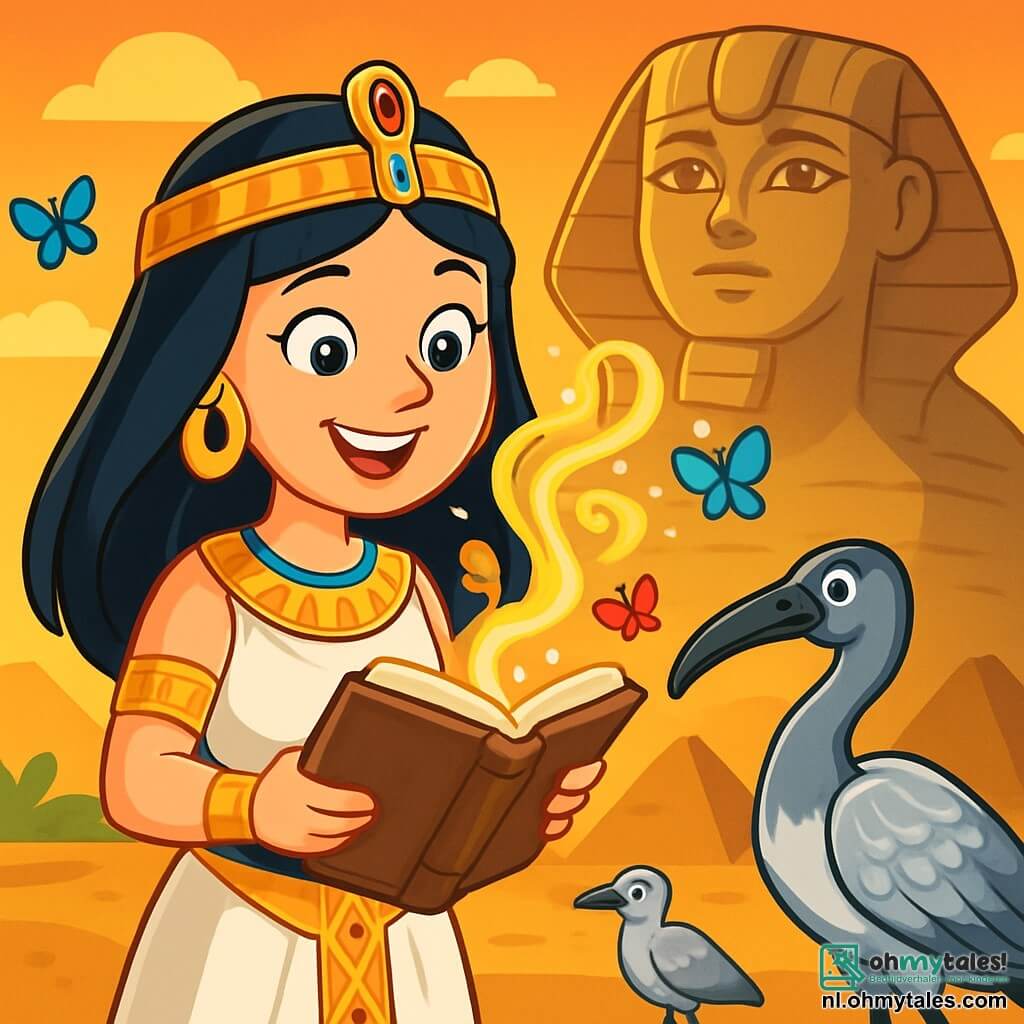 Nefertari, een Egyptische vrouw met lange zwarte glanzende haren, draagt een witte linnen jurk versierd met gouden motieven. Haar gezicht straalt met een stralende glimlach en haar ogen twinkelen van opwinding terwijl ze een oud stoffig boek in haar handen houdt. Naast haar staat een zilveren ibis met glinsterende veren trots, terwijl hij Nefertari nieuwsgierig aankijkt. Op de achtergrond staat een grote majestueuze sfinx, met mysterieuze ogen die naar de lucht staren, terwijl de ondergang van de zon de scène in gouden licht baadt. De belangrijkste situatie toont Nefertari die een magische formule uitspreekt, omringd door kleurrijke vlinders die om haar heen dansen, terwijl piramides aan de horizon verschijnen, wat een sfeer van avontuur en mysterie creëert.