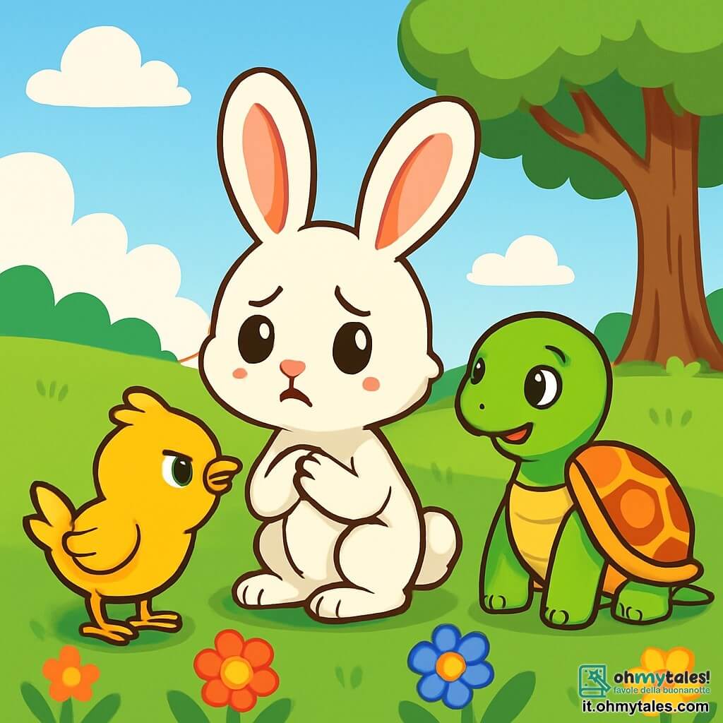 Un coniglietto bianco di nome Timmy, con grandi orecchie morbide e occhi brillanti, si trova al centro dell'immagine, con un'espressione triste e preoccupata. Alla sua destra, una tartaruga verde di nome Tina, con un guscio colorato e un sorriso rassicurante, lo osserva con compassione, pronta ad aiutarlo. A sinistra, un uccellino giallo di nome Pino, con piume brillanti e uno sguardo determinato, si avvicina per sostenere il suo amico. Il contesto è un bel prato verde, disseminato di fiori colorati, sotto un cielo azzurro con alcune nuvole soffici. Sullo sfondo si vede un grande albero con rami estesi, che offre ombra. La scena principale mostra Timmy che parla con i suoi amici, Tina e Pino, mentre discutono su come affrontare le parole dolorose degli altri conigli online, creando un'atmosfera di sostegno e amicizia.