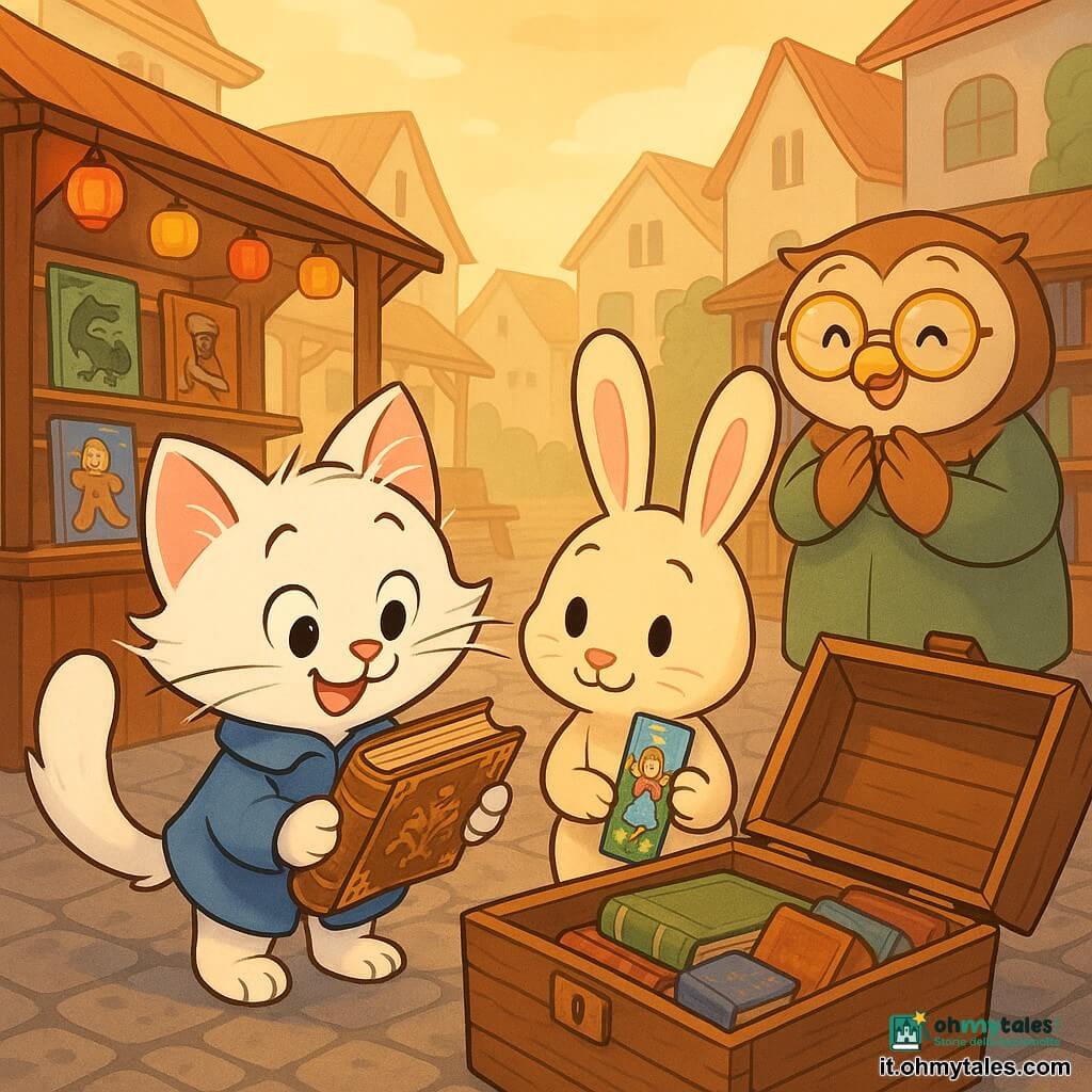 Piumino, un gattino detective dal pelo bianco e morbido, lunghi baffi e piccolo cappottino blu, guarda concentrato e gioioso un vecchio libro decorato tenuto con cura davanti a un antico baule di legno aperto; Fiocco, un coniglietto dalle lunghe orecchie rosa e pelliccia crema, sorride timidamente e tiene un segnalibro colorato con una fata, leggermente inclinato verso il baule; la signora Civetta, anziana libraia tonda con occhiali dorati, appare sollevata ed emozionata con le mani al petto vicino a uno scaffale sullo sfondo; il mercato dei libri è un vicolo lastricato con bancarelle di legno, locandine colorate e lanterne, e sullo sfondo case a forma di libri; scena principale: i personaggi scoprono con gioia il baule pieno di volumi dimenticati illuminati da una luce dorata che rende l'atmosfera calda e magica.