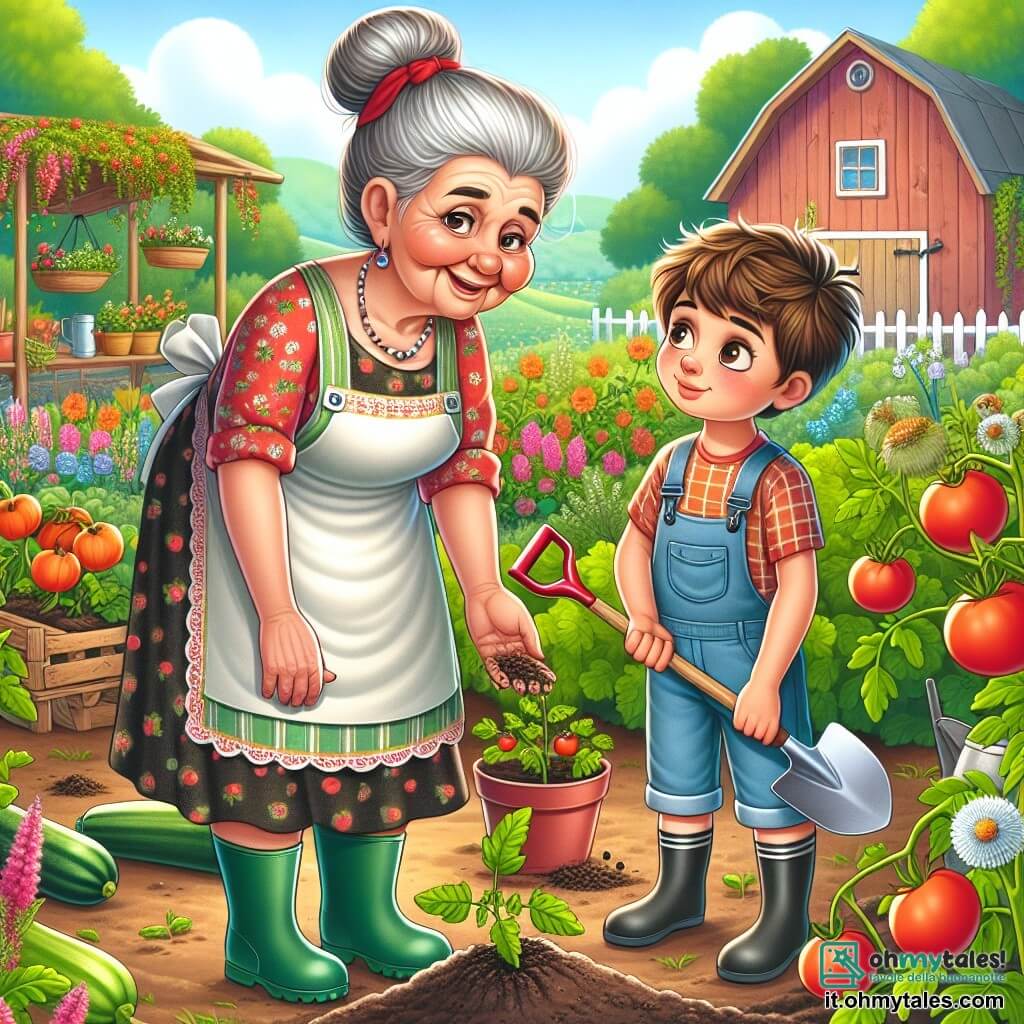 Una donna anziana, Nonna Rosa, sorridente e piena di vita, si trova al centro dell'immagine. Ha i capelli grigi raccolti, indossa un grembiule colorato e stivali di gomma. I suoi occhi brillano di gioia mentre mostra a un giovane ragazzo, Luca, come prendersi cura delle piante. Luca, un bambino di circa 8 anni, è accanto a lei, con i capelli castani spettinati e un'espressione meravigliata sul volto. Indossa una camicia a quadri e un pantaloncino, tenendo una piccola pala tra le mani, pronto ad aiutare Nonna Rosa in giardino. La scena si svolge in un giardino lussureggiante, pieno di verdure colorate come pomodori rossi, zucchine verdi e carote arancioni. Sullo sfondo si intravede un piccolo fienile di legno e fiori selvatici che danzano al vento. In questa illustrazione, Nonna Rosa e Luca stanno piantando semi di pomodoro, circondati da una vegetazione splendente, simboleggiando la magia della natura e la gioia di lavorare insieme in fattoria.