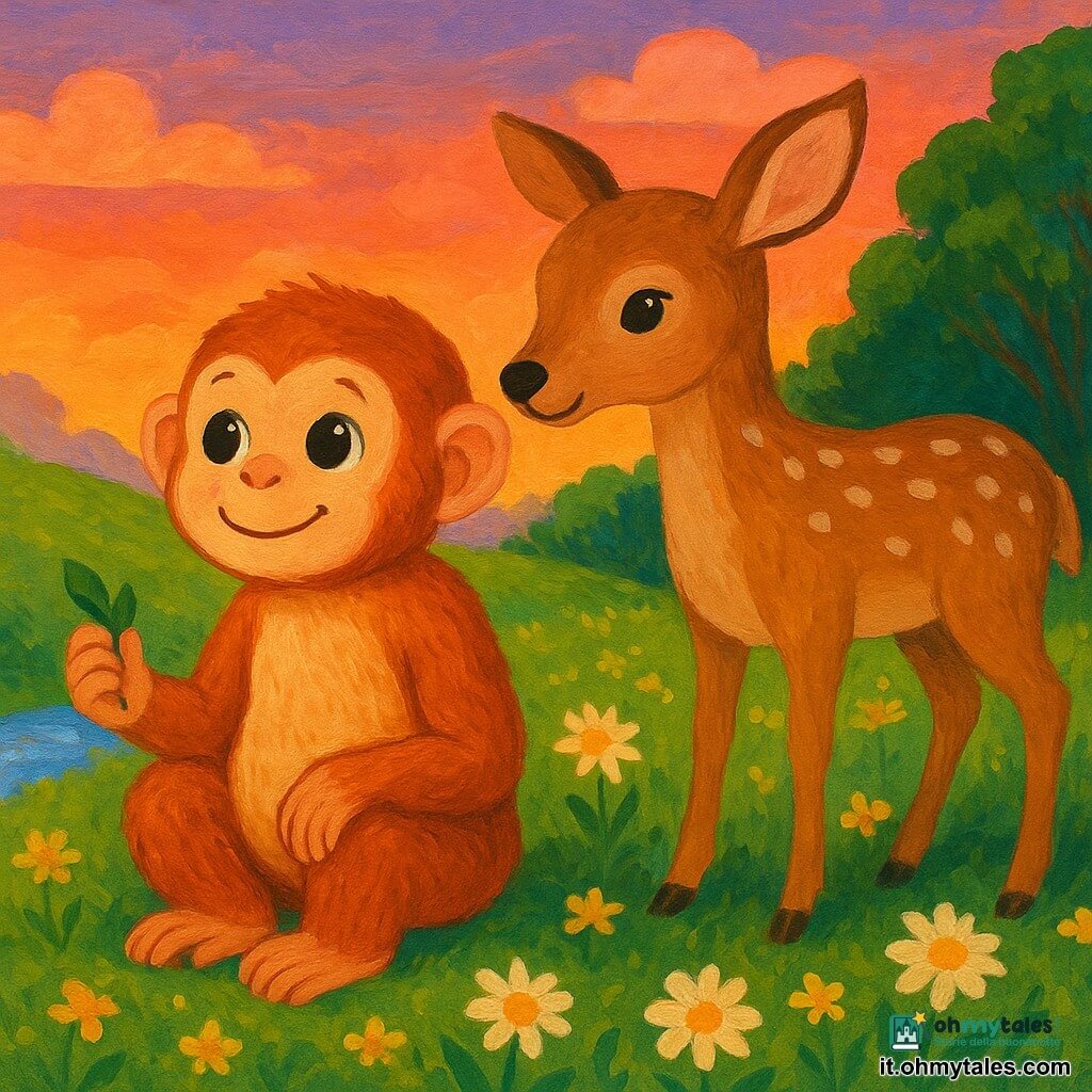 Un piccolo scimmietto furbo e dolce, seduto con pelliccia ruggine e crema molto texturizzata, occhi grandi e brillanti e sorriso tenero, tiene una piccola foglia e guarda l'orizzonte; accanto a lui un piccolo cervo marrone chiaro a macchie crema, sguardo calmo e protettivo, zampe sottili ed eleganti, posizione leggermente dietro il lato destro; intorno una collina erbosa fiorita con grandi margherite bianche e gialle, a sinistra un ruscello scintillante, a destra un boschetto di alberi verdi; cielo al tramonto sfumato arancio, rosa e viola, atmosfera di amicizia e pace, colori caldi, stile gouache infantile con bordi morbidi e tocchi di pittura visibili.