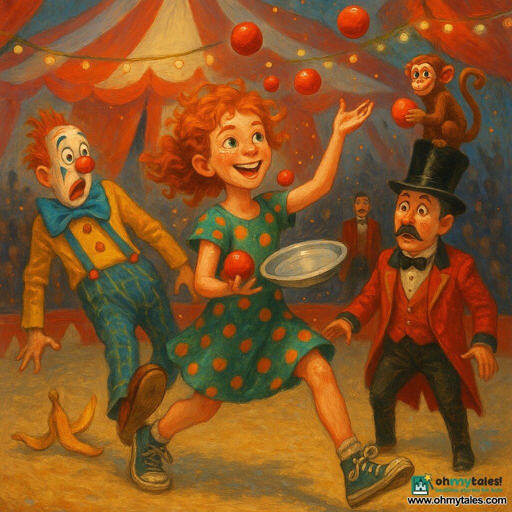 A confident 12-year-old redheaded girl with freckles and sparkling green eyes, in a polka-dot dress and worn sneakers, juggles red balls and a silver pie tin with a broad smile; to her left Mr. Bumbles, a tall skinny 40-ish clown with colorful makeup, shiny red nose and oversized shoes, slips comically on a banana peel; a mischievous small brown monkey clings to the ringmaster's top hat holding a ball while watching; the ringmaster, about 50, in a red tailcoat and top hat, looks surprised near the center ring; the huge red-and-white striped big top glows with warm lights and floating glitter and filled stands; the scene captures joyful chaotic success as the girl improvises with the pie, the clown adds antics and the monkey snatches the ball—dynamic composition, bright saturated colors, textured childlike acrylic style, warm humorous atmosphere.