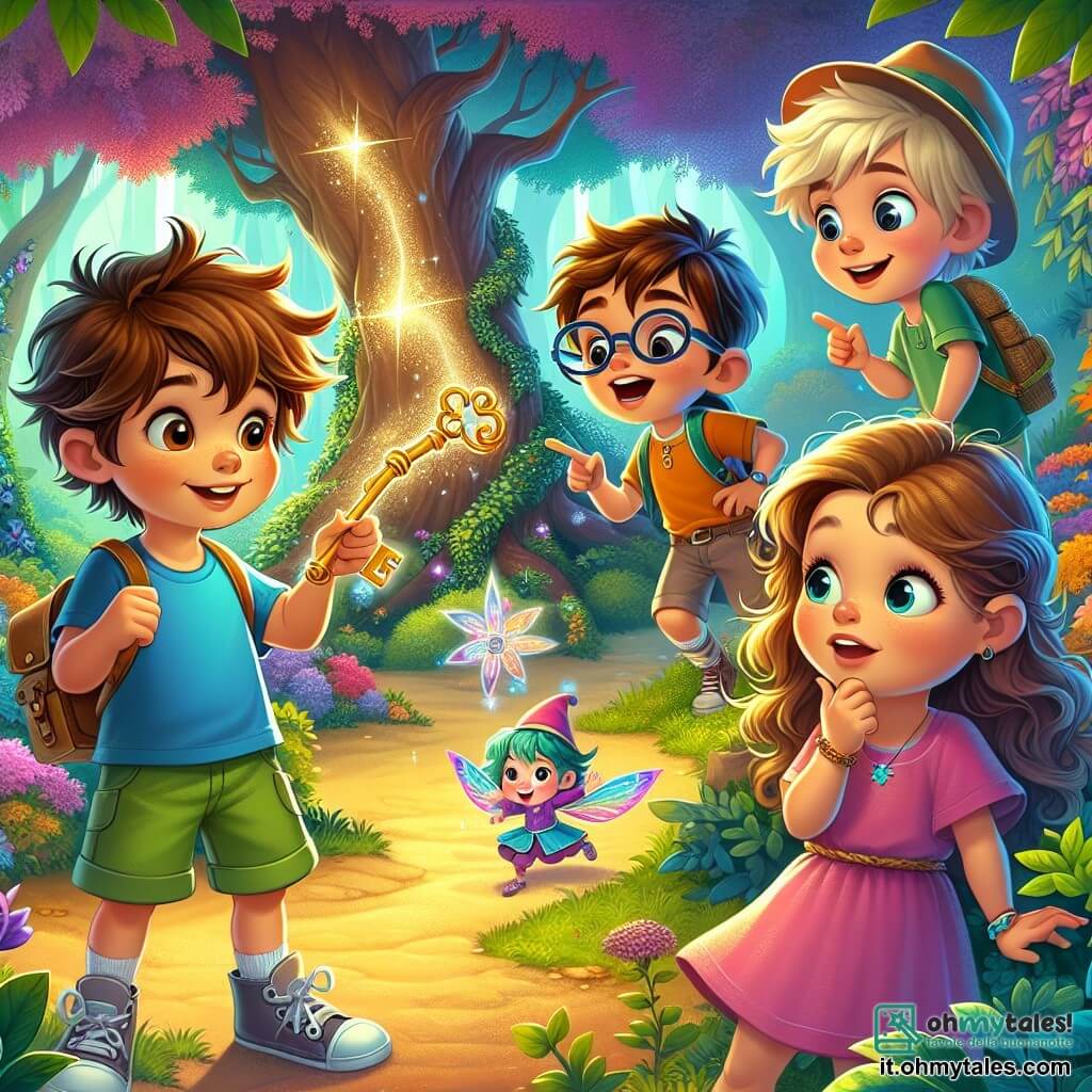 In un magnifico giardino incantato, quattro piccoli avventurieri si trovano al centro della scena. Luca, un ragazzo di 8 anni con i capelli castani in disordine, indossa una maglietta blu e pantaloni corti verdi. Guarda con meraviglia una chiave dorata scintillante che tiene in mano. Marco, un ragazzo di 9 anni con occhiali e capelli biondi, è accanto a Luca e indica un grande albero con foglie scintillanti, sorridendo curiosamente. Giulia, una ragazza di 7 anni con lunghi capelli ricci e un vestito rosa, è accovacciata vicino a un cespuglio colorato, osservando un piccolo animale magico che danza gioiosamente. Samuele, un ragazzo di 8 anni con capelli castani e un cappello di paglia, si trova un po' indietro, con le braccia incrociate e un'espressione pensierosa, come se stesse riflettendo sulla prossima avventura. Il giardino è pieno di colori vivaci: alberi con frutti multicolori, fiori giganti e un cielo blu punteggiato di nuvole bianche e soffici. In lontananza, una piccola porta di legno decorata con simboli misteriosi invita i bambini a scoprire i segreti del giardino. I quattro amici sono in piena esplorazione, pronti a risolvere enigmi e vivere avventure magiche insieme.
