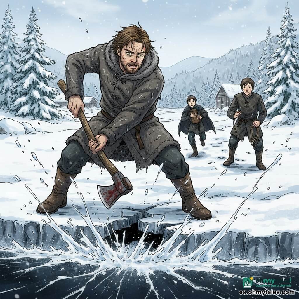 Hombre adulto (Einar) de rostro resuelto y ojos brillantes por miedo contenido, cabello castaño despeinado y barba corta, abrigo gris empapado, golpea el borde de un puente de hielo con un hacha de madera gastada mientras fragmentos de hielo y gotas de agua vuelan; adolescente (Leif, ≈15) con expresión aterrada pero decidida, túnica oscura y capa, corre por un sendero nevado llevando un pequeño cilindro de madera contra el pecho; joven (Runi, ≈20) con pecas, manos tensas sobre una soga enrollada, vacila en la orilla opuesta mirando a Einar; lugar: río helado en un valle nórdico con hielo agrietado negro, orillas de nieve, abetos escarchados y casas de madera a lo lejos bajo un cielo invernal pálido; situación: momento dramático en que el puente de hielo se rompe bajo Einar, trozos de hielo estallan en radial, agua oscura brota, atmósfera tensa y heroica, fuerte contraste entre el blanco frío y toques cálidos de sangre y fuego distante.