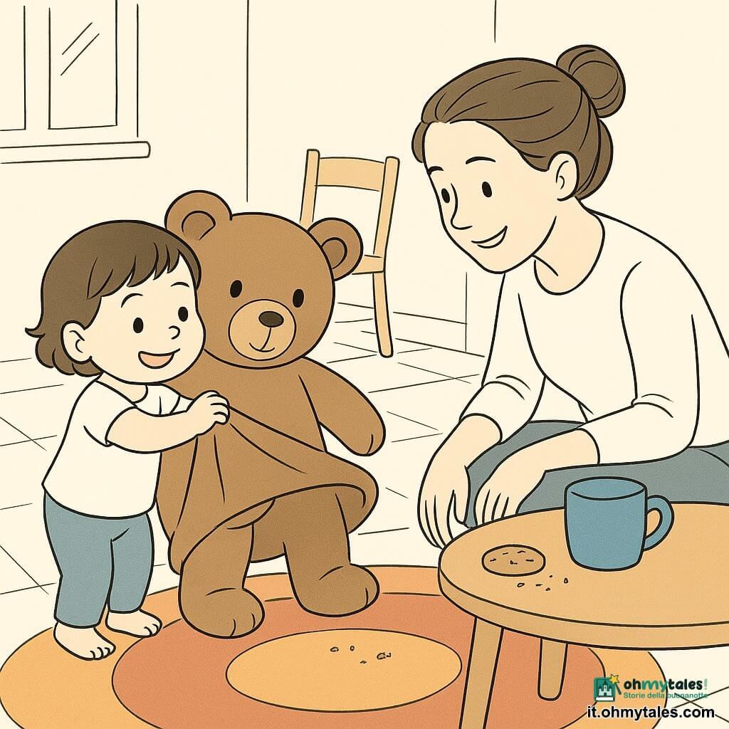 Bambina di 2 anni, gioiosa e concentrata, capelli corti castani, guance paffute, in punta di piedi solleva delicatamente un grande orso di peluche per guardare sotto. La mamma (circa 30 anni), sorridente, capelli raccolti, accovacciata accanto al tavolo, la guarda con benevolenza. Grande orso di peluche marrone su un tappeto colorato, sollevato nella parte inferiore. Una tazza blu su un tavolo in legno chiaro, un solo biscotto visibile e briciole che formano una piccola scia fino all'orso. Cucina luminosa con pavimento piastrellato, grande tappeto rotondo, sedia in legno e finestra che fa entrare la luce del mattino. Situazione: la bambina scopre il biscotto nascosto sotto l'orso dopo aver seguito le briciole, espressione trionfante e maliziosa. Stile: linee sottili e pulite, contorni chiari, pochi dettagli, composizione centrata su bambina, orso e tazza blu.
