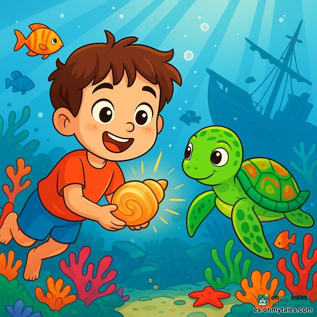 Un niño de 6 años, con cabello castaño alborotado y ojos llenos de curiosidad, nada alegremente bajo el agua, sosteniendo una concha brillante en sus manos. Su rostro irradia emoción y asombro mientras explora un fascinante mundo submarino. A su lado, una tortuga marina llamada Marina, con un caparazón verde adornado con patrones coloridos, se desliza lentamente en el agua clara, observando al niño con ojos sabios y amistosos. Parece feliz de compartir esta aventura. El escenario es un jardín submarino encantador, lleno de corales vibrantes de colores brillantes, peces multicolores nadando alrededor y rayos de luz filtrándose a través de la superficie del agua, creando una atmósfera mágica y relajante. La situación principal muestra al niño y a Marina descubriendo un antiguo naufragio, rodeado de algas y criaturas marinas curiosas que se acercan, mientras exploran juntos este tesoro escondido, llenos de asombro y alegría.