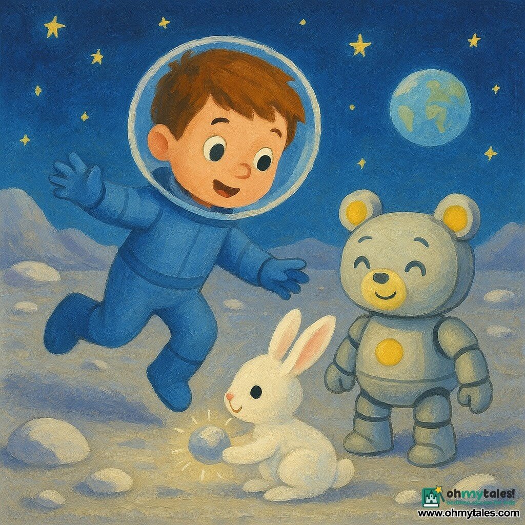 A warm, joyful meeting on the Moon: Max, an about-8-year-old boy with short brown hair, big amazed eyes and a gentle smile, in a small blue spacesuit, slightly jumping and reaching out on the gray dusty surface; to his right Astor, a small teddy-bear–shaped robot in matte silver with yellow accents, blinking happily; in front a small white lunar rabbit with long translucent ears and fluffy fur offers a shiny moon pebble as a gift; pale blue Earth on the horizon, white round rocks and low hills under a deep starry sky, silver light, soft reflections, pastel palette, visible brushstrokes, rounded simple shapes suitable for young children.
