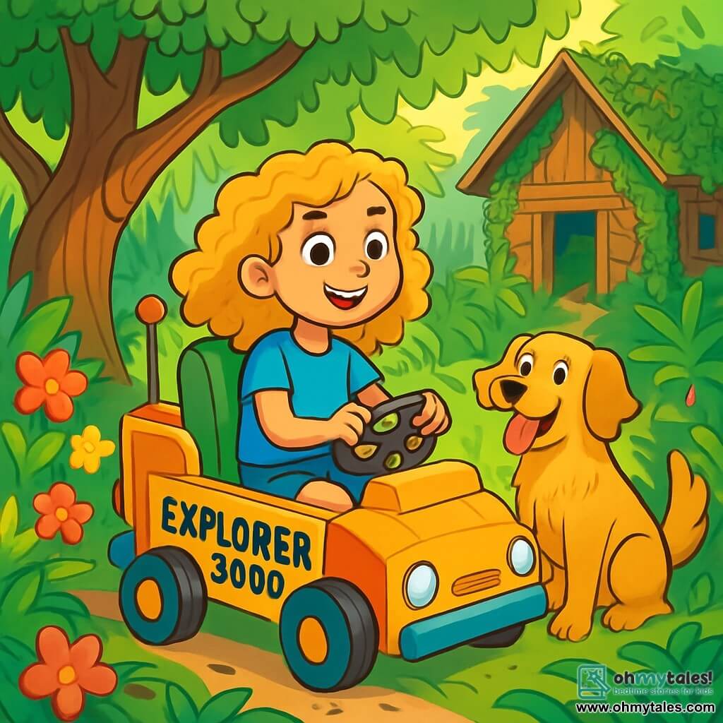 A 10-year-old girl, Maya, with curly golden hair and sparkling curious eyes, is sitting in her amazing invention, the Explorer 3000. She wears a bright blue t-shirt and denim shorts, her face radiating excitement and determination. Next to her, her dog Pepper, a joyful golden retriever, wags his tail, his eyes shining with enthusiasm, ready for adventure. The setting is a lush garden filled with colorful flowers, large gnarled trees, and an old wooden shed covered in ivy. Sunlight filters through the leaves, creating dancing shadows on the ground. Maya and Pepper are preparing to explore a magical world where the garden transforms into a mysterious jungle with giant plants and winding paths. The air is filled with the scent of flowers and the songs of birds as they get ready to discover hidden treasures and enchanting secrets.