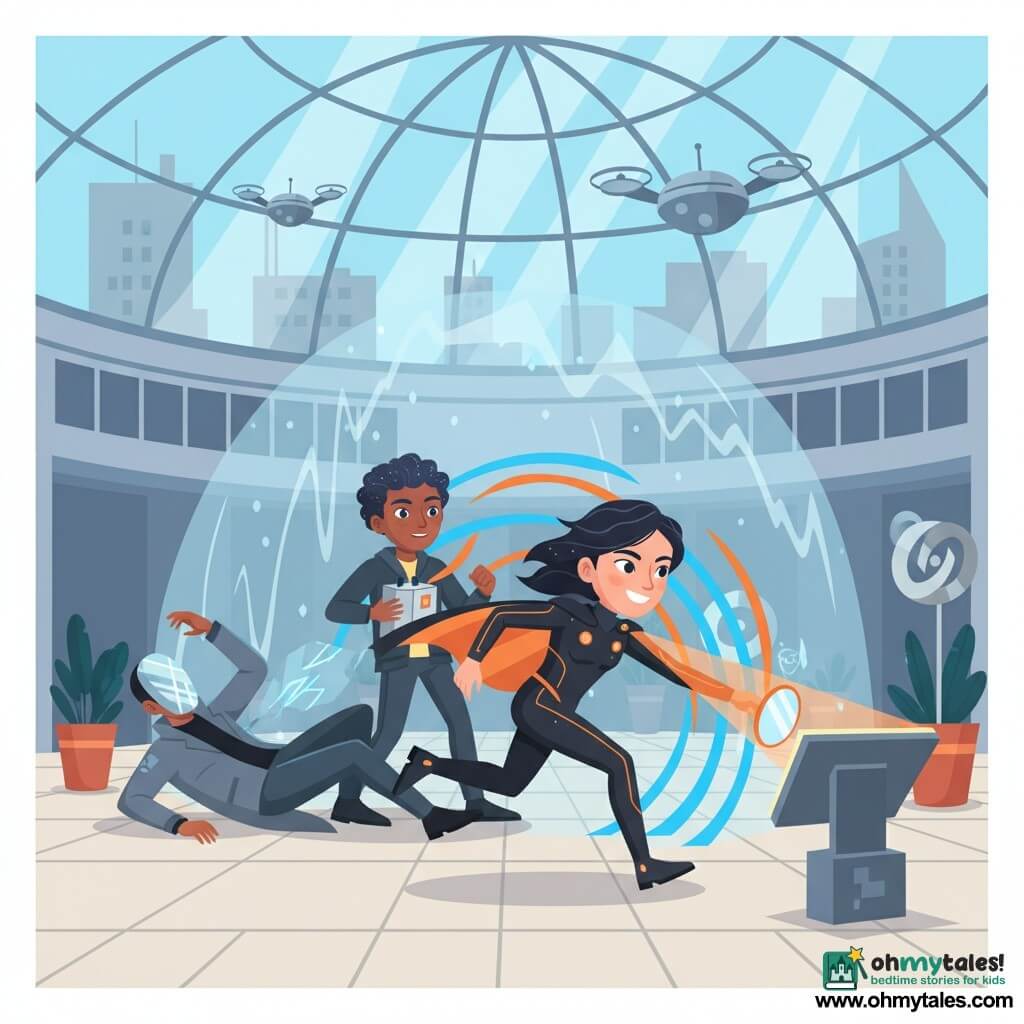 Heroine Nova Quill, confident and focused with a determined smile, in a black outfit with glowing orange solar lines and a small shimmering solar cape, runs forward and places her hand on a device to disable a machine; behind her, Piko, a ~13-year-old visitor with copper skin and starry hair, awed but tense, holds a small silver box emitting curved ribbons of light that form a tunnel stabilizing Nova; to the left a masked thug in a gray jacket and mirrored mask is thrown backward by a pulse of light. The scene is a city courtyard before a government building with light paving, rotating recycled-metal sculptures, planted boxes, floating round drones and sunlight filtered by a glass dome; a wavering distortion dome is collapsing while Nova uses her cape and a small mirror to direct a beam and neutralize a ground device, in a dynamic diagonal composition with vivid contrasting colors (sky blue, solar orange, steel).