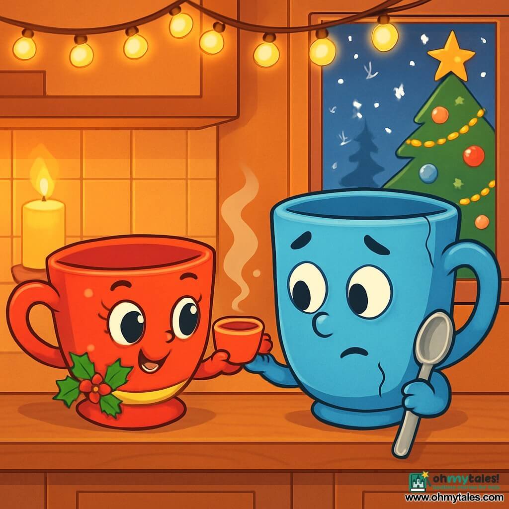 A small red teacup named Ruby, with holly patterns and a sparkling gold ribbon, sits on a wooden shelf. She has sparkling eyes and a warm smile, curiously and joyfully looking at a large blue mug named Porcelain Pete, who has a crack on the side and a shy expression. Pete, with a hesitant yet amazed look, stands next to Ruby, holding a small metal spoon. The scene takes place in a cozy kitchen, illuminated by strings of golden lights and flickering candles, with a large Christmas tree decorated with colorful baubles and sparkling garlands visible through the window. Snow gently falls outside, creating a fairy-tale landscape. Ruby offers a small cup of hot chocolate to Pete, sharing a moment of tenderness and reconciliation, while snowflakes dance through the window, adding a magical touch to this sweet Christmas evening.