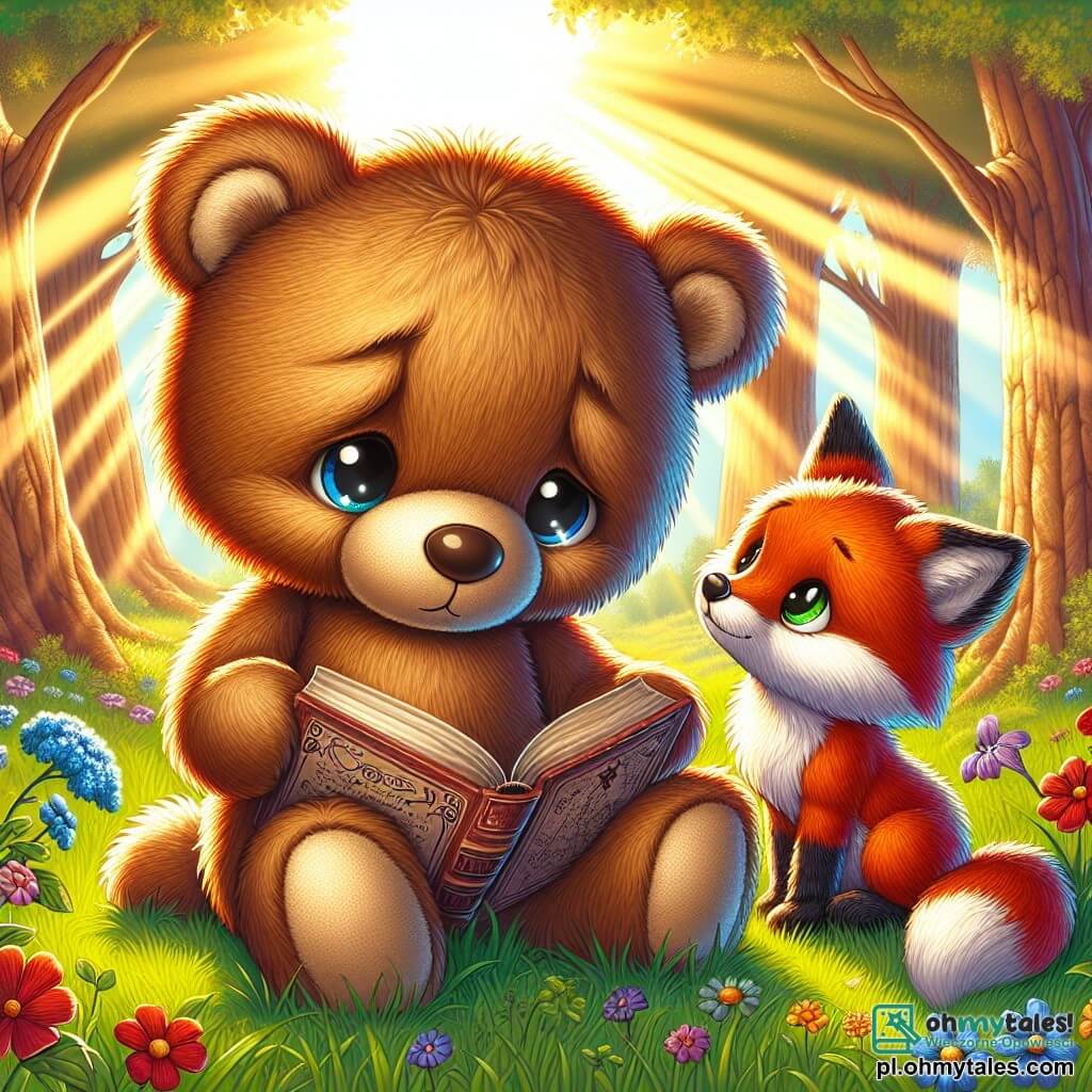 Mały pluszowy miś o miękkim brązowym futrze i błyszczących oczach ciekawości siedzi na zielonej trawie, otoczony kolorowymi kwiatami. Ma melancholijny, ale pełen nadziei wyraz twarzy, trzymając w łapkach stary, zniszczony książkę, wypełnioną opowieściami. Obok niego siedzi mały lis o lśniącej rudym futrze, z błyszczącymi oczami współczucia, uważnie go słuchając. Lis siedzi na tylnych łapach, lekko pochylony do przodu, pokazując, że jest tu, aby wspierać swojego przyjaciela. Tło to słoneczna polana, skąpana w złotym świetle, z wielkimi majestatycznymi drzewami w tle, których liście delikatnie tańczą na wietrze. Promienie słońca filtrują przez gałęzie, tworząc ciepłą i pocieszającą atmosferę. Główna sytuacja pokazuje, jak miś dzieli się wspomnieniami o bliskiej osobie z lisem, przywołując historie radości i czułości, ucząc się jednocześnie akceptować stratę i celebrować pamięć tych, których kochają.