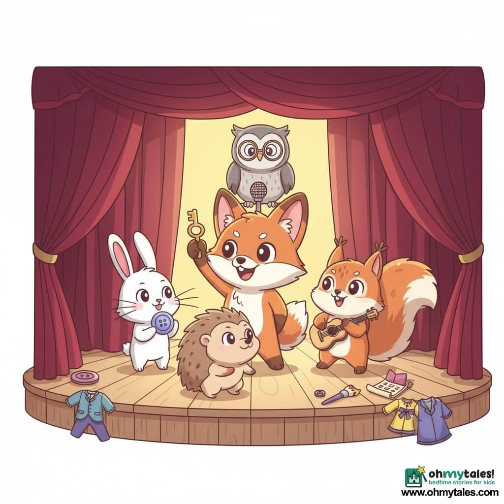 A young anthropomorphic fox with bright eyes and a mischievous smile, shiny red fur with white markings, holding a small brass key triumphantly on a polished wooden stage; a small white rabbit with straight whiskers and long ears, curious and joyful, holding a shiny button to the fox’s left; a red squirrel with excited round eyes and a bushy plume tail, applauding while holding a miniature guitar to the right; a light-brown hedgehog with painted paws and a focused but happy face, crouched at the front watching the key; a gray owl with round glasses and a relieved, kindly expression perched on a microphone in the background; setting: open burgundy velvet curtain, warm backlighting, scattered colorful props (costumes, brushes, sheet music); scene: small investigators celebrating finding a key after a clue hunt, joyful triumphant mood, centered composition, soft colors with clear contrast, minimalist kawaii style, subtle shadows and smooth textures.