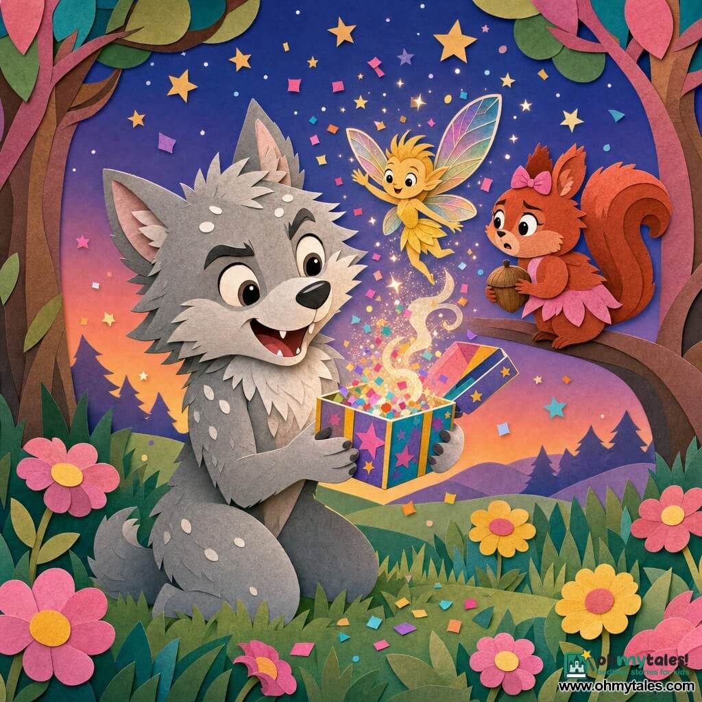 A joyful, curious werewolf with fluffy light-gray fur and white patches, big round eyes, excited furrowed brows, pointy ears and a mischievous smile leans forward holding a small sparkling colorful box; behind him on a branch sits Bella the squirrel—female, bright red fur, alert eyes—watching worriedly while holding a hazelnut; above the box floats Ziggy the tiny fairy with translucent rainbow wings and a golden body, smiling and scattering sparks. Setting: a colorful meadow at dusk with layered paper-like grasses, pink and yellow layered flowers, candy-colored trees with textured trunks and an orange-to-blue gradient sky. Moment: the werewolf has just opened the box, releasing confetti and shimmering smoke; the three are surrounded by falling glitter, their expressions a mix of surprise and joy, in a warm centered composition with vivid colors, crisp outlines and soft light from the upper-left.