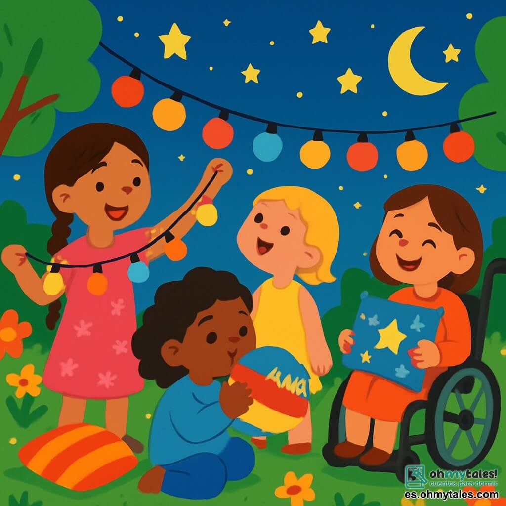 Hay 4 niños: - Leila: una niña de 8 años, con largas trenzas de cabello castaño, vestida con un vestido rosa con flores. Está de pie, sonriendo, sosteniendo una guirnalda luminosa. - Fatima: una niña de 7 años, con cabello rizado negro, vestida con una túnica azul. Está sentada en el suelo, inflando un globo colorido. - Sara: una niña de 6 años, con cabello rubio corto, vestida con un vestido amarillo. Está de pie al lado de Leila, mirando al cielo con asombro. - Amina: una niña de 9 años, con cabello castaño, sentada en una silla de ruedas, sonriendo, sosteniendo un cojín decorado con motivos estrellados. El lugar es un jardín encantador, lleno de flores brillantes, luces centelleantes y cojines coloridos sobre la hierba verde. El cielo es de un azul profundo, salpicado de estrellas brillantes, y una suave brisa hace bailar las hojas de los árboles. La situación principal muestra a las cuatro amigas reunidas para celebrar el inicio del Ramadán. Decorando el jardín con guirnaldas luminosas, globos coloridos y cojines, mientras ríen y bailan bajo las estrellas, creando una atmósfera alegre y mágica.