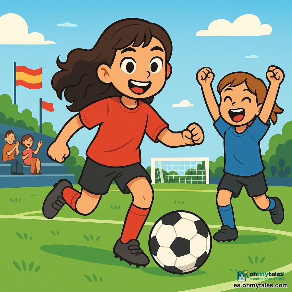 Una joven, Valeria, de unos 12 años, está en el centro de la imagen, con cabello largo y rizado, vistiendo una camiseta de fútbol roja y un pantalón corto negro. Muestra una gran sonrisa de alegría y determinación, con los ojos brillantes de emoción, mientras se prepara para chutar a portería en el campo. A su derecha, su mejor amiga, Sofía, también de 12 años, tiene el cabello corto y lleva una camiseta azul. La anima con gestos entusiastas, con los brazos levantados, mostrando su apoyo. El fondo es un hermoso césped verde, con líneas blancas que marcan el campo de fútbol. Al fondo, espectadores aplauden, hay banderas ondeando y el cielo es de un azul brillante, salpicado de algunas nubes blancas. La escena principal muestra a Valeria en plena acción, lista para marcar un gol decisivo en un partido importante, ilustrando su sueño de convertirse en una gran jugadora de fútbol.