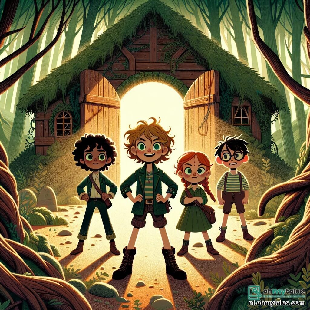 In een mysterieuze bos staan vier kinderen moedig in het midden van een oude verlaten hut. Jasper is een zevenjarig jongetje met krullend haar en sprankelende blauwe ogen. Hij staat vooraan met zijn handen op zijn heupen en een grote dappere glimlach. Lisa, een zevenjarig meisje met lange, vurige rode haren, staat naast Jasper met gekruiste armen en een vastberaden uitdrukking. Tim, een zevenjarig jongetje met een scheve bril, staat iets verder naar achteren met grote, nieuwsgierige ogen. Emma, een zevenjarig meisje met een mooie vlecht, staat achter Tim en kijkt met een mengeling van opwinding en bezorgdheid naar de scène. De hut is van oud hout, bedekt met groene klimop en omringd door reusachtige bomen waarvan de takken in elkaar verstrengeld zijn, wat een zowel magische als licht verontrustende sfeer creëert. Stralen van licht doorbreken het loof en verlichten de scène met een gouden gloed. In het midden van de illustratie vormt zich een mysterieuze schaduw vlakbij de deur van de hut, met vage contouren en een donkere aura. De kinderen, hoewel iets bezorgd, tonen vastberadenheid om hun angst te overwinnen en zijn klaar om het geheim van het bos te ontdekken.