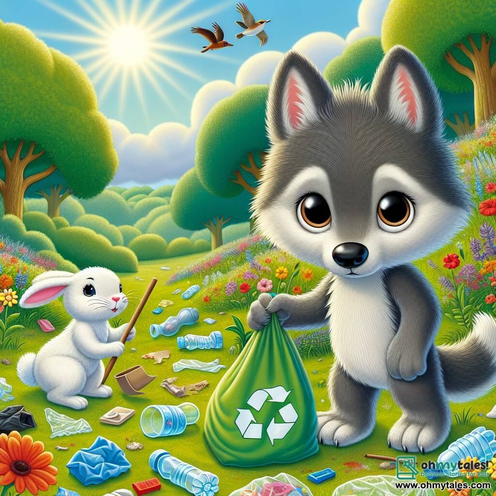 An illustration depicts a small wolf with soft, fluffy gray fur and large, bright, curious eyes, expressing determination and joy. It is picking up litter in a sunny, beautiful meadow surrounded by colorful flowers and majestic trees. Next to it, a small white rabbit with large upright ears, looking concerned yet hopeful, enthusiastically bends down to pick up pieces of plastic. A brown badger with a serious but friendly expression observes the scene while holding a recycling bag, ready to collect the waste. The main setting is a lush green meadow dotted with vibrant flowers under a clear blue sky, with sunlight illuminating the landscape. The scene shows the small wolf and its friends cleaning their environment, collecting trash to make their meadow clean and beautiful. They work together enthusiastically, highlighting the importance of caring for nature. Additional elements include scattered pieces of plastic and paper, colorful recycling bags nearby, and birds singing in the trees, adding a touch of life and joy to this scene of camaraderie and environmental protection.