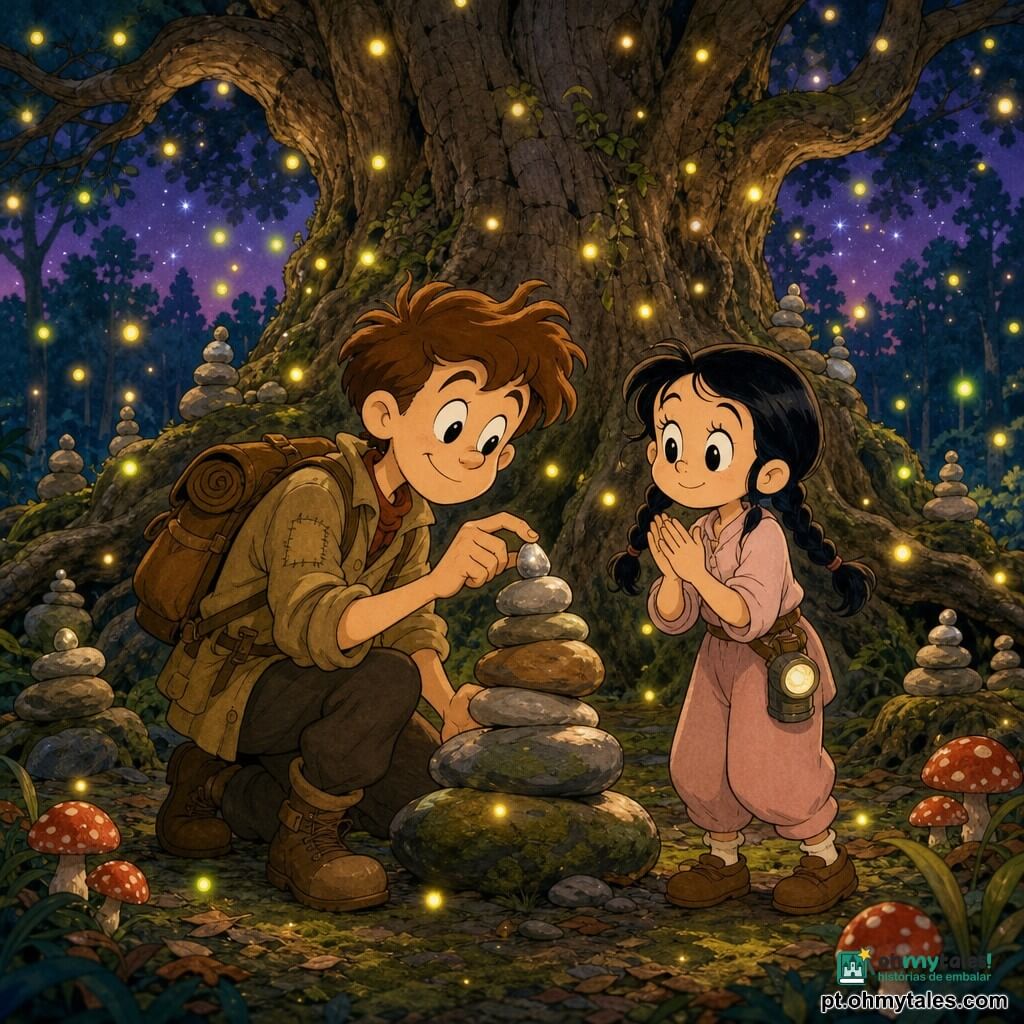 Um explorador sorridente de cabelos castanhos desgrenhados, jaqueta cáqui gasta e mochila de lona marrom, coloca delicadamente uma pequena pedra prateada sobre um cairn; ao lado direito, Lila, uma menina de cerca de 9 anos com trança negra e lanterna na cintura, aplaude com admiração. Eles estão numa grande clareira noturna dominada por uma árvore enorme de tronco largo e rugoso, com raízes formando bancos e cairns ao redor; o solo é coberto de musgo verde e algumas folhas úmidas, com poucos cogumelos vermelhos na borda. Milhares de vaga-lumes amarelos e verdes criam um halo quente e poético, céu crepuscular violeta e silhuetas de árvores azuladas ao fundo. Cena centrada e cerimonial — juntos adicionam uma pedra ao "árvore das memórias" — iluminação suave dos vaga-lumes, estilo visual cartoony vintage com traços arredondados, cores saturadas porém pastéis, texturas simples e atmosfera mágica e acolhedora.