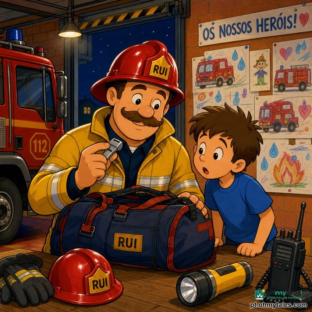 Homem adulto chamado Rui, expressão calma e benevolente, rosto redondo com grande bigode curvado no sorriso, pele clara, olhos suaves; veste capacete vermelho brilhante e jaqueta de bombeiro amarela com faixas refletoras, verifica uma pesada bolsa e segura um apito prateado entre os dedos; menino de cerca de 8 anos, cabelo castanho curto e desgrenhado, olhar curioso e maravilhado, veste camiseta azul e está ao lado de Rui inclinando a cabeça como se perguntasse; ao fundo um quadro na parede com desenhos infantis de caminhões vermelhos, gotas de água azuis e corações rosa sobre um muro de tijolos laranja; interior da estação de bombeiros com chão de ladrilho vermelho escuro, grandes portas metálicas abertas deixando entrar uma luz noturna, lâmpadas halógenas penduradas e um caminhão vermelho brilhante à esquerda; situação de preparação para saída, luz do corredor pisca uma vez, atmosfera serena e dinâmica, acessórios (capacete, luvas, lanterna, rádio) sobre uma mesa de madeira em primeiro plano; estilo: tons quentes saturados, contornos pretos grossos, texturas suaves de desenho animado anos 90, composição centrada e legível para crianças.