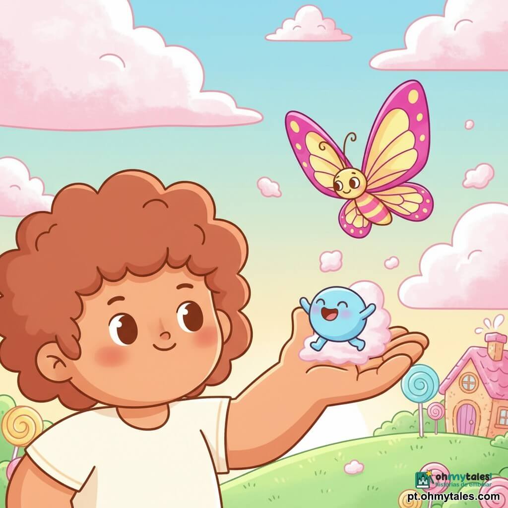 Guga, o gigante sorridente e benevolente de pele caramelo, estende a mão aberta enquanto solta nuvens de algodão doce rosa; Pipo, criatura redonda tipo marshmallow azul, pula na palma aplaudindo com a boca em "O"; Dona Borboleta Listrada, grande e colorida com asas translúcidas magenta e amarelas, voa sobre a mão; o céu está cheio de nuvens de algodão doce rosa e branco, algumas caindo como doces, e a cena numa colina açucarada — grama verde brilhante, árvores-pirulito e uma casa de biscoito ao fundo sob o pôr do sol suave — mostra as nuvens voltando ao céu num gesto amigável, de clima festivo e sereno, em tons pastéis e textura suave.