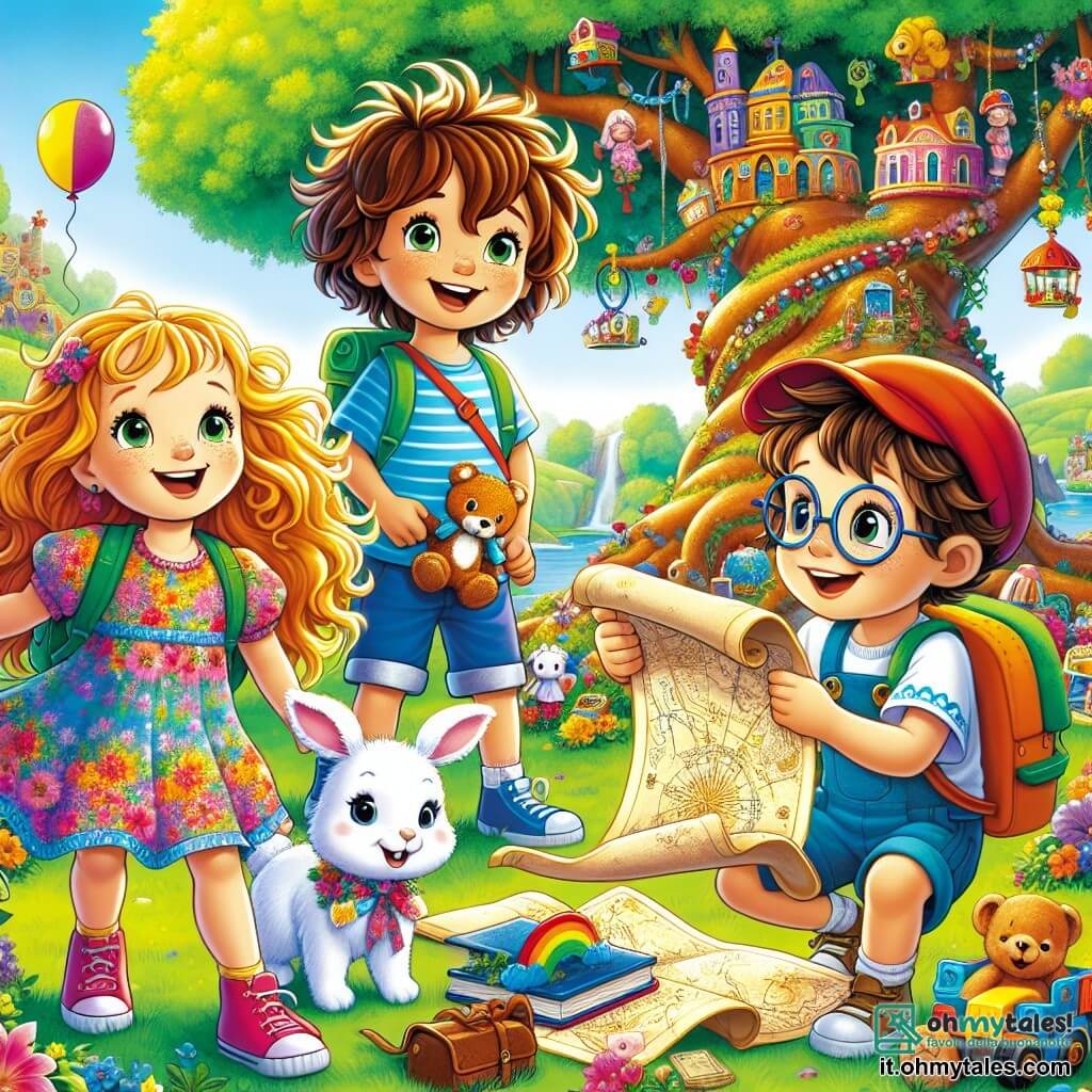 In un magnifico paesaggio della Radura dei Giocattoli, quattro bambini avventurosi sono insieme. **Mia** è una ragazza di 8 anni con lunghi capelli biondi e ricci, indossa un vestito colorato a fiori e sorride felice tenendo un mazzo di fiori multicolori. **Luca** è un ragazzo di 9 anni con occhiali rotondi e capelli castani disordinati, si piega in avanti esaminando una mappa antica con espressione curiosa. **Sara** è una ragazza di 7 anni con capelli castani e frangia, indossa una maglietta blu e pantaloni corti, guarda il coniglio Nuvola con occhi meravigliati, pronta ad aiutarlo. **Tommi** è un ragazzo di 8 anni con capelli biondi corti e un cappellino rosso, salta di gioia con le braccia alzate, esprimendo il suo entusiasmo per l'avventura. Lo sfondo è un prato verde pieno di giocattoli colorati: orsi di peluche, palloni volanti e macchinine. Al centro, un grande albero con rami intrecciati crea un'atmosfera magica. I bambini stanno risolvendo un'ultima enigma con Nuvola, il piccolo coniglio bianco, che li guarda con speranza. L'atmosfera è gioiosa e piena di colori vivaci, catturando lo spirito di avventura e amicizia.