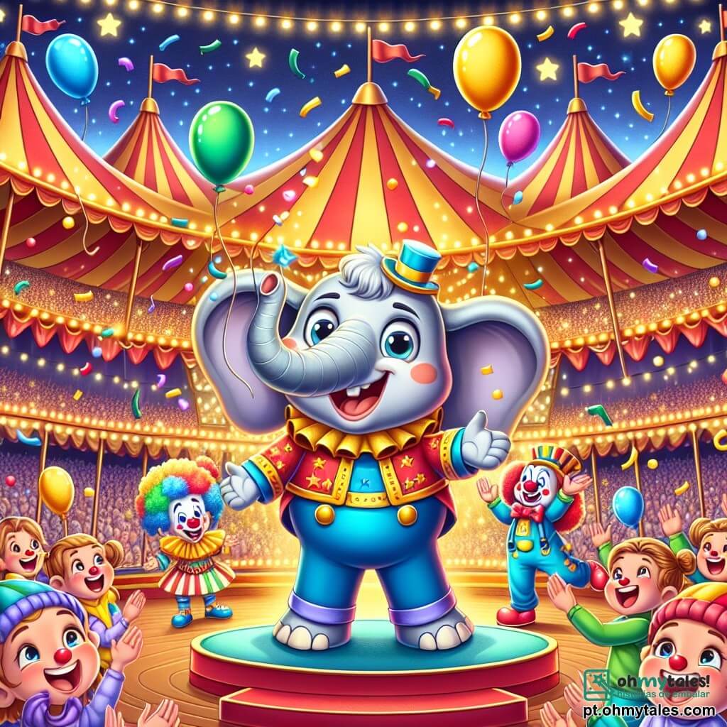 Benny, um adorável elefante com o corpo de um elefante e grandes orelhas de coelho, está no centro da cena, sorrindo com olhos brilhantes de excitação, enquanto faz malabarismos com balões coloridos que flutuam ao seu redor. Ao seu lado, a Palhaça Risadinha, uma alegre palhaça com um nariz vermelho e cabelos cacheados multicoloridos, ri alto enquanto lança confetes no ar, criando uma atmosfera festiva. Ao fundo, o circo Estelar é lindamente decorado com grandes tendas listradas de vermelho e amarelo, luzes cintilantes e estrelas brilhantes em um céu noturno, enquanto crianças maravilhadas aplaudem e riem ao redor. A cena principal mostra Benny e Risadinha em plena performance, cativando o público com sua magia e alegria, criando uma atmosfera de felicidade e encanto no coração do circo.
