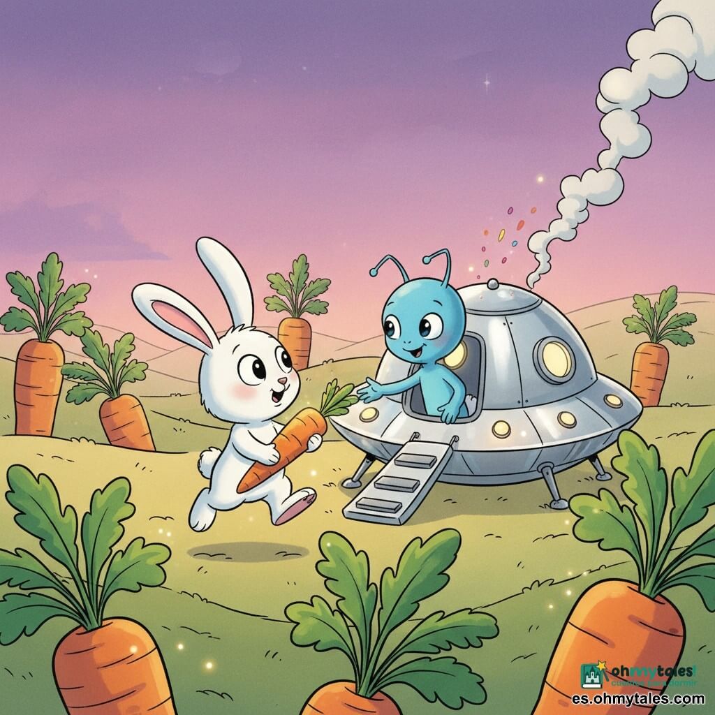Binky, un pequeño conejo blanco antropomórfico de orejas grandes y flexibles, ojos redondos y brillantes y expresión maravillada, sostiene una gran zanahoria naranja luminosa y salta ligeramente; Zog, un extraterrestre pequeño y azul con dos antenas finas y ojos almendrados amistosos, sonríe y extiende la mano desde la rampa de una pequeña nave espacial plateada de aire retro posada en el campo. Alrededor, zanahorias gigantes con hojas verdes exuberantes emiten un suave resplandor formando un campo ondulado bajo un cielo crepuscular violeta y rosa. La nave, redonda y brillante con ventanillas iluminadas, suelta un humo tenue y chispas de colores. Escena: encuentro amistoso en un campo de zanahorias mágicas al atardecer, ambiente cálido, colores vivos y contornos suaves, composición centrada en el intercambio entre Binky y Zog.