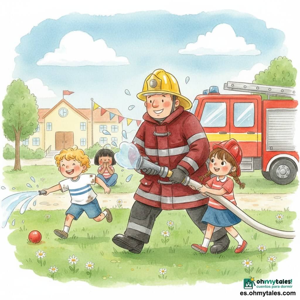Un bombero sonriente y tranquilizador, rostro redondo, casco amarillo brillante y chaqueta roja con bandas reflectantes, mostrando una gran manguera sostenida con ambas manos; gotas de agua y vapor alrededor. A su derecha, una niña de unos 8 años con coletas y casco de papel rojo sostiene la manguera con él; a la izquierda, un niño de 7 años rubio y risueño corre fingiendo apagar con un chorro imaginario una pequeña bola roja en el césped; detrás, otra niña de 6 años de cabello corto y oscuro, sentada en el césped con las manos en la boca, mira admirada. Escena en el patio de la escuela: césped verde con margaritas, pavimento claro, un gran camión de bomberos rojo aparcado a la derecha, banderines coloridos y edificio escolar amarillo pálido bajo un cielo azul con nubes; ambiente cálido y pedagógico, colores suaves tipo acuarela.