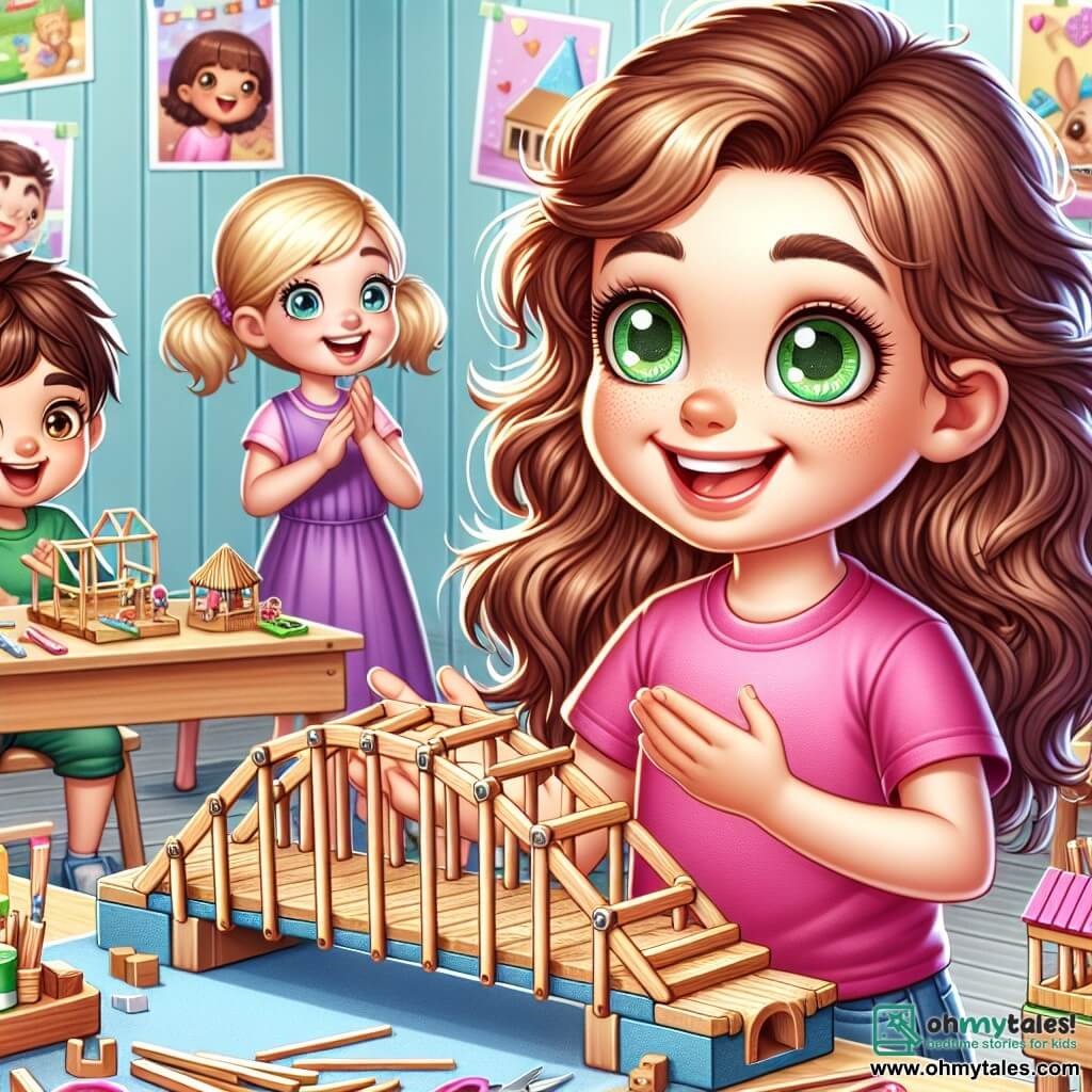 An 8-year-old girl, Lucy, with sparkling green eyes and curly brown hair, smiles proudly as she holds a model bridge made of wooden sticks. She wears a pink t-shirt and blue jeans, her face radiating determination and joy. Next to her, another girl, Emma, also 8, with smooth blonde hair and a purple dress, enthusiastically claps, her eyes shining with excitement. In the background, two boys, Jake and Michael, around 8 years old, look on in surprise, their expressions showing they are impressed by the girls' work. The setting is a bright classroom filled with wooden tables covered in colorful craft materials: craft sticks, glue, scissors, and miniature toys. Posters of art projects decorate the walls, adding a creative touch to the environment. The main scene shows Lucy and Emma, proud of their sturdy bridge, while the other children surround them, admiring their creation. The atmosphere is joyful and collaborative, illustrating gender equality and teamwork.