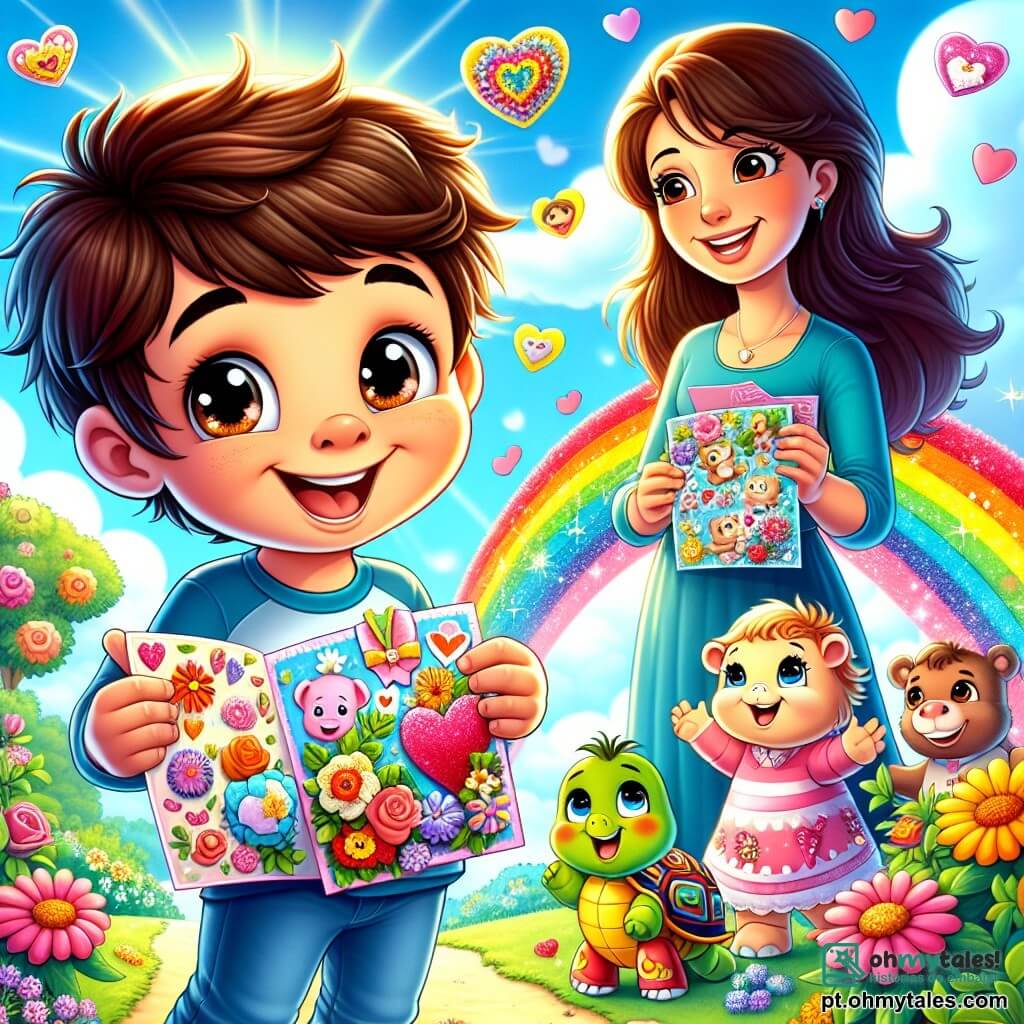 Um garoto de 6 anos, chamado Pedro, com cabelos castanhos bagunçados e olhos brilhantes de alegria, está no centro da imagem. Ele sorri amplamente, segurando cartas coloridas em suas mãos, decoradas com corações e flores, pronto para oferecê-las à sua mãe. Ao lado dele, sua mãe, uma mulher de cerca de trinta anos, com longos cabelos castanhos e um sorriso caloroso, olha para Pedro com olhos cheios de amor, pronta para receber seu presente. Ao fundo, vê-se um arco-íris brilhante iluminando o céu azul, e os amigos de Pedro: um porquinho rosa, Tico, que salta de alegria, e uma linda tartaruga, Lenta, que segura um pequeno desenho em suas patas. O local é um jardim ensolarado, repleto de flores coloridas e árvores verdes, criando uma atmosfera alegre e festiva. A cena principal mostra Pedro e sua mãe compartilhando um momento terno e feliz, cercados por seus amigos, celebrando juntos o Dia das Mães com risadas e abraços.