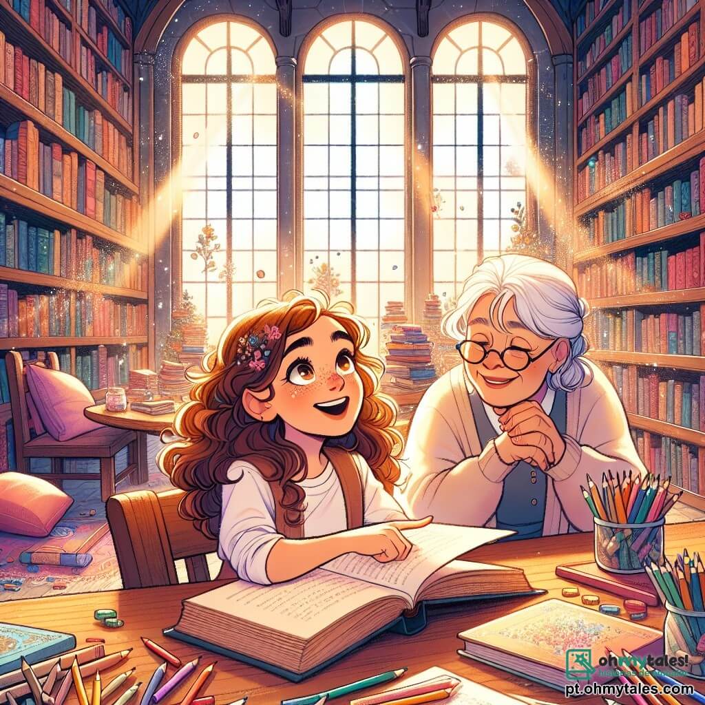 Uma menina de 12 anos, Clara, com cabelos castanhos cacheados e olhos cheios de curiosidade, está sentada a uma mesa de madeira em uma biblioteca. Ela tem um sorriso radiante e um olhar determinado, folheando um livro com páginas amareladas, cercada por lápis de cor espalhados. Ao lado dela, Beatriz, uma mulher de cerca de 60 anos com cabelos grisalhos e óculos redondos, observa Clara com benevolência, segurando um livro antigo nas mãos. A biblioteca é espaçosa, com grandes estantes de madeira cheias de livros coloridos, raios de luz filtrando através de grandes janelas, iluminando a poeira no ar. Tapetes macios e almofadas estão espalhados pelo chão, criando um espaço acolhedor e quente. Clara, cheia de entusiasmo, descobre um livro sobre emoções, enquanto Beatriz a incentiva a se expressar. A atmosfera é mágica e curiosa, simbolizando a exploração da neurodiversidade.