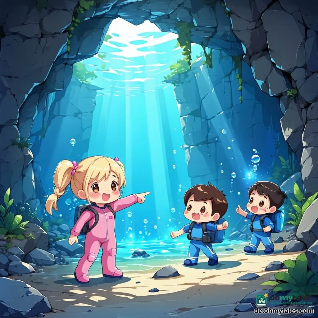Vier Kinder erkunden zusammen den Eingang einer Unterwasserhöhle: Emma, 4 Jahre, blonde Zöpfe, blasse rosa Tauchanzug, vorne links und zeigt auf eine helle Öffnung; Max, 4 Jahre, kurz braune Haare, Sommersprossen, himmelblauer Anzug, hält Emmas Hand und schwimmt dahinter; Mia, 4 Jahre, schwarzer Zopf, lavendelfarbener Anzug, rechts neben Emma und betrachtet bunte Fische; Luca, 4 Jahre, kastanienlockiges Haar, minzgrüner Anzug, hinten in der Mitte mit einer am Handgelenk befestigten Unterwasserlampe, die eine funkelnde Quelle in der Höhlenmitte beleuchtet. Die felsigen Wände sind strukturiert, mit rosa und orangenen Korallen, Schwärmen bunter kleiner Fische, durch klares Wasser blaue Lichtstrahlen und goldener Feinsand; die Kinder bilden einen Halbkreis um die leuchtende, kristallklare Quelle, fröhliche Stimmung und leuchtende Farben.
