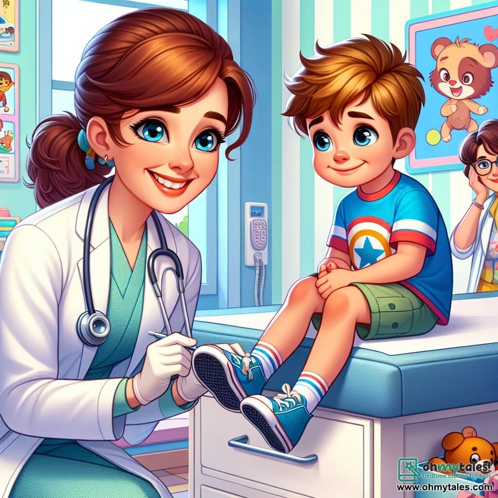 Dr. Bella is a smiling woman in her thirties, wearing a white coat that lightly floats around her. She has brown hair tied in a ponytail and sparkling kind eyes. She is crouched down, carefully examining a small boy named Timmy, who is about 8 years old. Timmy has messy blonde hair and is wearing a blue t-shirt with a superhero design. He is sitting on an examination table, swinging his legs with a mix of worry and curiosity. Next to them, Timmy's mother, Mrs. Thompson, is a woman in her forties with brown hair and glasses. She looks at Dr. Bella with a grateful smile, holding a small notebook to take notes. The scene takes place in a bright hospital examination room, with pastel-colored walls, cartoon character posters, and toys scattered on a shelf. A stethoscope is on the table, and sunlight streams through a window, creating a warm atmosphere. The main situation shows Dr. Bella examining Timmy, gently explaining that he has a slight stomach issue while winking to reassure him. Timmy, although a bit nervous, begins to smile as he listens to the doctor's advice.