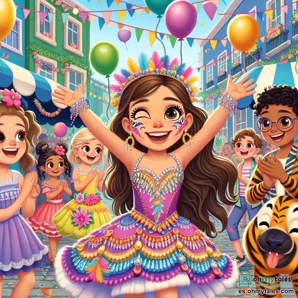 Una niña de 10 años, Valentina, con largos cabellos castaños y ojos brillantes de alegría, lleva un disfraz colorido de carnaval con lentejuelas y plumas. Sonríe ampliamente, con los brazos en alto, rodeada de globos multicolores, en una postura de baile entusiasta. A su lado, Clara, otra niña de 10 años con cabello rubio y pecas, se pinta la cara de tigre, riendo alegremente. En el fondo, Sofía, una niña de 10 años con cabello castaño y rizado, y Lucas, un niño de 10 años con gafas y cabello negro, aplauden y bailan, ambos vestidos con trajes de carnaval brillantes. El lugar es una gran plaza animada, decorada con guirnaldas de flores coloridas y farolitos brillantes, donde hay puestos de comida que ofrecen dulces como churros y algodón de azúcar. La multitud es alegre, con niños y adultos bailando al ritmo de la música. La situación principal muestra a Valentina y sus amigos celebrando el carnaval, rodeados de colores vivos y risas, mientras bailan juntos bajo un cielo soleado, creando una atmósfera festiva y mágica.