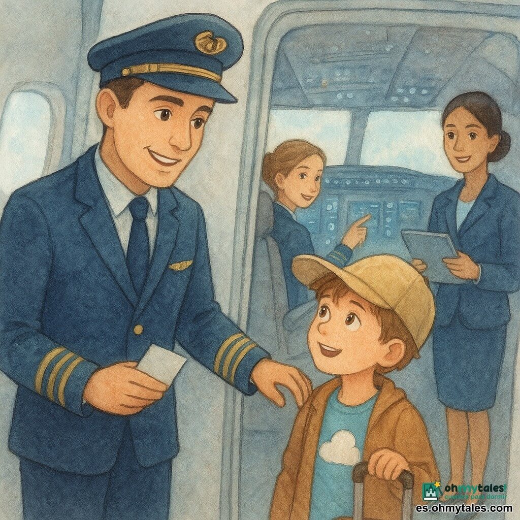 Un piloto de unos treinta años, rostro sonriente y concentrado, ojos marrones, pelo corto castaño y uniforme azul marino con galones dorados, está de pie en la puerta de la cabina con una mano en el marco y otra sosteniendo una pequeña tarjeta, en una postura cálida y protectora; delante, un niño (Nico) de unos 12 años, pelo castaño claro bajo una gorra grande, expresión maravillada y curiosa, sostiene una pequeña maleta y una gran pegatina en forma de nube en el pecho, mirando al piloto con admiración; en segundo plano la copiloto Marta, unos 28 años, piel clara y cabello recogido, sonriente y señalando un tablero de instrumentos iluminado; la azafata Amina, unos 35 años, pelo negro liso y uniforme cuidado, está en el pasillo con una tableta observando la escena; lugar: frente de un avión moderno con cabina abierta al pasillo, paneles e instrumentos luminosos, pantallas azules y verdes, asientos grises, luz suave de mañana entrando por las ventanillas; ambiente tierno e instructivo, de confianza y asombro, colores pastel y toques de luz blanca sobre instrumentos y rostros.