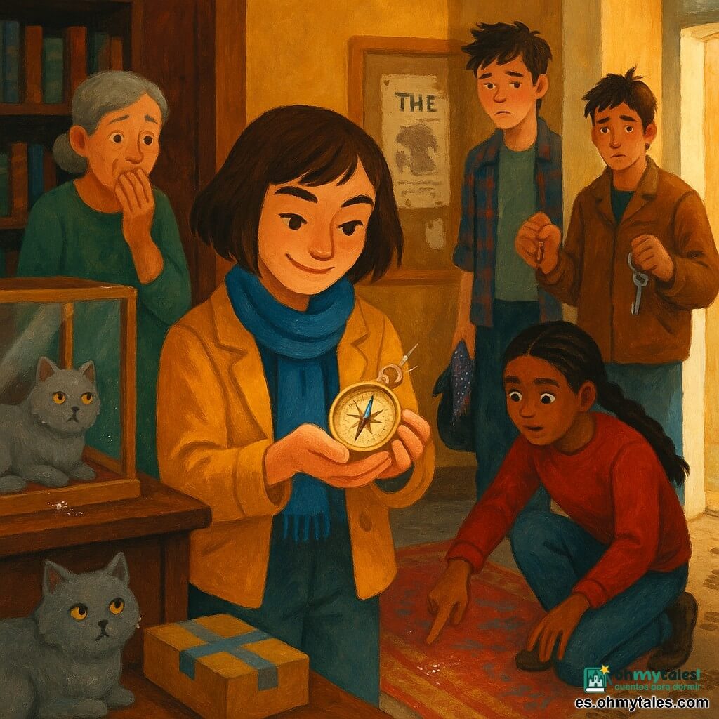 Una detective (Luna), rostro concentrado y sonriente, cabello castaño corto, chaqueta mostaza y pañuelo azul, sostiene delicadamente una pequeña brújula de cobre brillante; está frente a una vitrina de vidrio abierta. A la izquierda está Marta, bibliotecaria de unos 50 años, cabello gris recogido en moño, vestido verde sobrio, con la mano en la boca, aliviada y emocionada. A la derecha Tomás, conserje de unos 45 años, alto, barba corta, chaqueta de trabajo marrón, mira entre enfadado y divertido sosteniendo un manojo de llaves que brilla. Una adolescente, Vera (≈14), con trenza y suéter rojo, está arrodillada junto a una caja con cinta azul, señalando pequeñas purpurinas plateadas en el suelo. Leo (≈18), joven de pelo despeinado y camisa a cuadros, se mantiene atrás, avergonzado pero aliviado, con una bufanda brillante asomando del bolso. El gato gris Nube, pelaje esponjoso y ojos amarillos, está en el mostrador con una minúscula purpurina pegada al pelaje. Lugar: vestíbulo cálido de biblioteca con estanterías de madera oscura, alfombra gastada, vitrina con fondo de terciopelo rojo y cerradura de latón, tablón con un cartel teatral medio despegado y ventana trasera con marco blanco y barro en el umbral. Escena: momento de resolución del misterio — la detective muestra la brújula recuperada; luz dorada oblicua, reflejos metálicos y purpurinas plateadas en el suelo, huellas de barro hacia una puerta lateral; composición centrada, contrastes cálidos (ocre, rojo, madera) y fríos (azul, plata), pinceladas visibles, atmósfera reconfortante y ligeramente dramática.