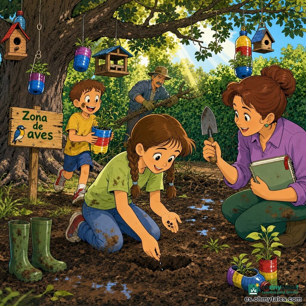 Una niña de 10 años, sonriente y decidida, pelo castaño en trenzas, con camiseta verde claro y vaqueros manchados de tierra, arrodillada plantando semillas de girasol con las manos en tierra húmeda; a la derecha, la señorita Marta (30–40 años), pelo recogido en moño, sonrisa amable, mostrando una pequeña pala y sosteniendo un cuaderno; detrás a la izquierda, Tomás (9–10 años), pelo corto y mancha de barro en la mejilla, riendo y llevando una botella reciclada convertida en maceta; al fondo, el conserje (≈50 años) con sombrero gastado levantando ramas caídas junto a una cerca de arbustos verdes en el borde del patio escolar; suelo marrón y húmedo con hoyos pequeños, botas de goma apoyadas, un viejo roble a la izquierda con raíces visibles, comederos de madera colgando, botellas recicladas de colores como macetas y un cartel de madera pintado "Zona de aves"; escena de plantación colectiva tras la lluvia, gestos precisos (cavar, depositar semillas, apisonar), semillas redondas visibles entre los dedos, salpicaduras de barro, rayos de sol entre las hojas, atmósfera cálida y optimista, colores saturados, contornos nítidos, estilo cartoon años 90, composición centrada en la niña con perspectiva ligeramente en picado.