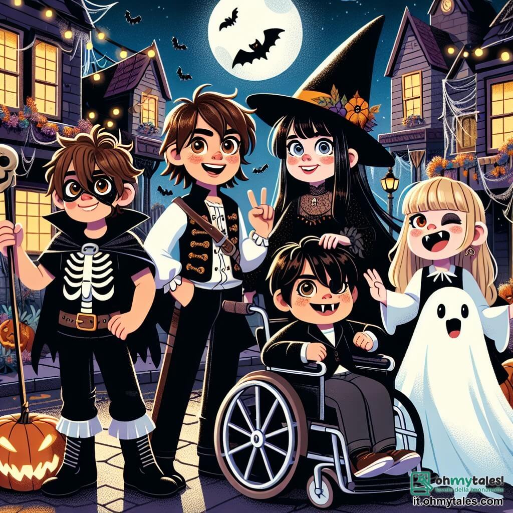 In una vivace strada della città di Willow Creek, quattro bambini si trovano insieme, illuminati dalla luce di una luna piena. Marco, un ragazzo di dieci anni con capelli castani disordinati, indossa un costume da pirata con un cappello nero e una spada di plastica, sorridendo entusiasta. Alla sua destra, Sara, una ragazza di nove anni con lunghi capelli biondi, è travestita da strega con un grande cappello a punta e un vestito nero, gli occhi scintillanti di curiosità. Accanto a lei, Luca, un ragazzo di dieci anni con capelli neri e denti da vampiro di plastica, fa una smorfia divertente, mentre Giulia, una ragazza di otto anni con capelli castani, è seduta nella sua sedia a rotelle, vestita con un costume da fantasma, ridendo gioiosamente. Il paesaggio è decorato con case addobbate con ragnatele, zucche illuminate e luci colorate che brillano nella notte. Ombre danzano sui muri, creando un'atmosfera magica e leggermente spaventosa. I bambini si preparano a entrare in un negozio misterioso, il "Nuovo Negozio degli Orrori", dove li aspettano giochi di Halloween. Sono eccitati e un po' nervosi, pronti a affrontare la sfida del mago che li attende all'interno.