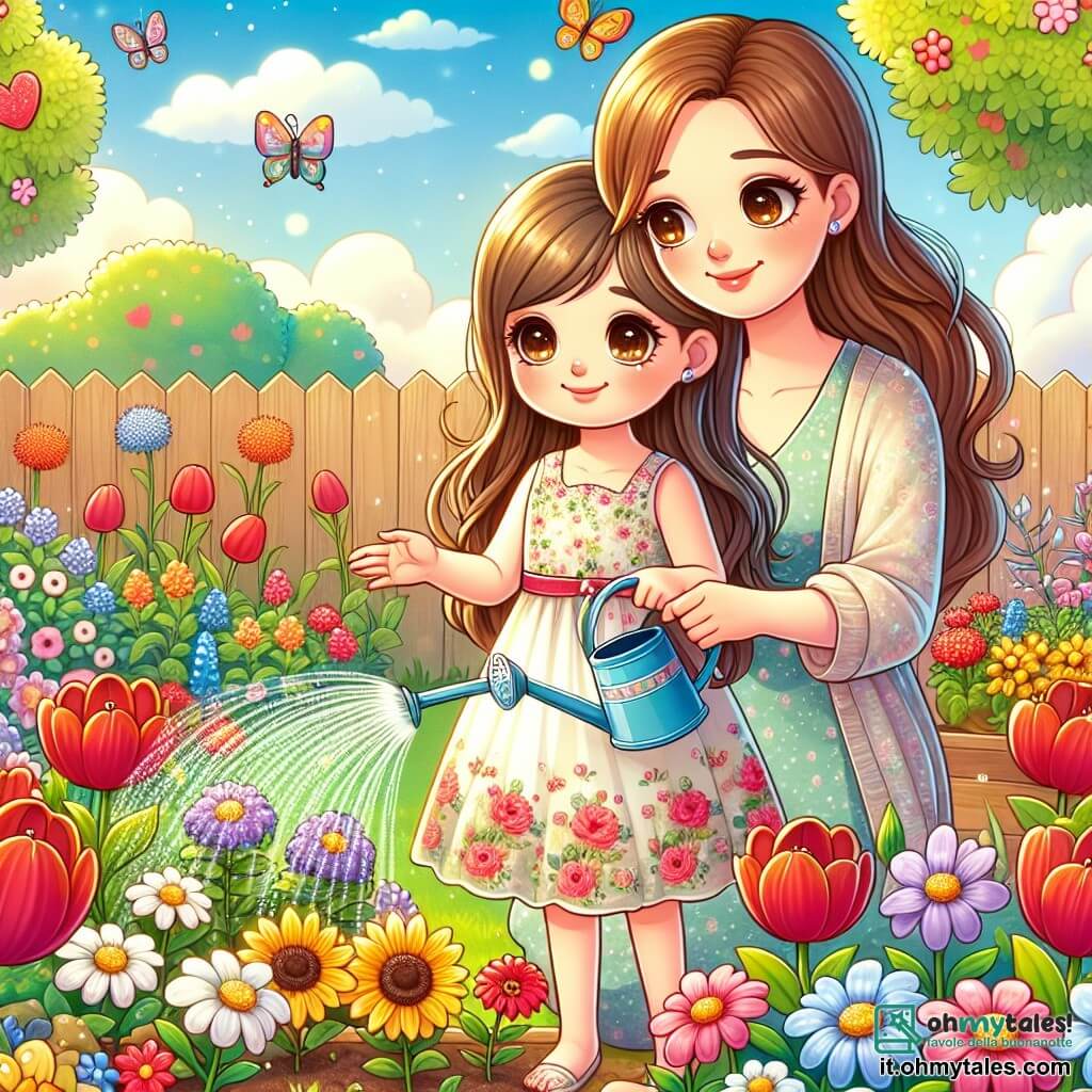 Una ragazza di 8 anni, Sofia, con lunghi capelli castani e occhi scintillanti, si trova in mezzo a un giardino fiorito, con un'espressione dolce e malinconica. Indossa un vestito leggero a fiori e tiene in mano un piccolo annaffiatoio, innaffiando con cura i fiori colorati intorno a lei. Accanto a lei, sua madre, una donna di circa trent'anni, con capelli castani e un sorriso rassicurante, osserva Sofia con tenerezza, le braccia incrociate, vicino a una panchina di legno. Il giardino è pieno di fiori vivaci, come tulipani rossi, margherite bianche e girasoli dorati, sotto un cielo blu chiaro punteggiato da alcune nuvole soffici. Un farfalla colorata svolazza intorno ai fiori, aggiungendo un tocco di magia alla scena. Sofia, mentre si prende cura del suo giardino speciale in memoria della nonna, sembra sia triste che piena di speranza, creando un momento toccante e rasserenante, dove il ricordo e la bellezza della natura si incontrano.