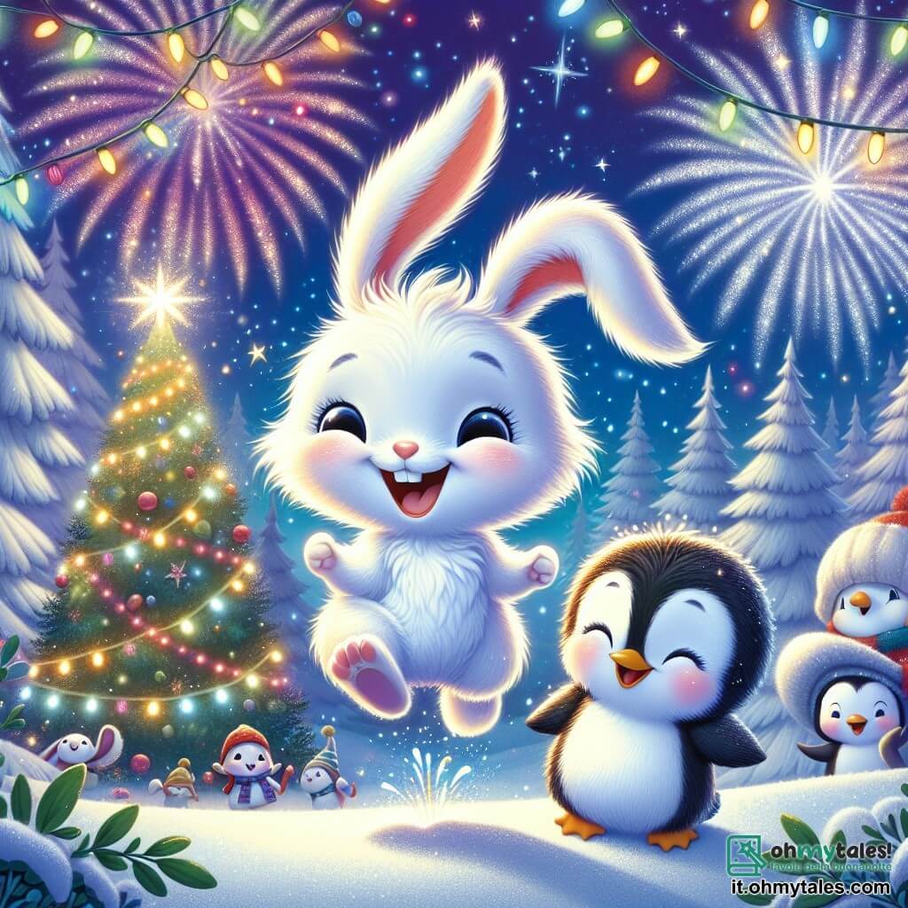 Al centro dell'immagine, un piccolo coniglio di nome Nino, con un pelo bianco splendente e grandi orecchie, salta di gioia con un grande sorriso sul volto, gli occhi brillanti di eccitazione. Accanto a lui, il suo amico Pino, un pinguino dalle piume nere e bianche, batte le ali con entusiasmo, mostrando un sorriso felice mentre scivola sulla neve. La scena si svolge in una foresta incantata, illuminata da ghirlande di luci colorate appese agli alberi, creando un'atmosfera festiva. Fiocchi di neve cadono dolcemente, aggiungendo un tocco magico, mentre un grande albero di Natale decorato brilla al centro della radura, circondato da animali gioiosi. Nino e Pino si trovano davanti all'albero, pronti a festeggiare il Capodanno con i loro amici, mentre i fuochi d'artificio esplodono nel cielo stellato, illuminando i loro volti meravigliati. L'atmosfera è piena di risate e gioia, catturando lo spirito dell'amicizia e della magia del Capodanno.