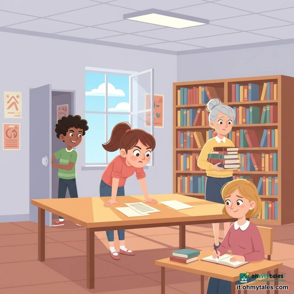 Marta, ragazza di 11 anni, ha uno sguardo concentrato e curioso, occhi grandi e sopracciglia aggrottate, capelli castani raccolti in coda, è china su un foglio appoggiato su un tavolo della biblioteca, poggiata sul bordo con mani delicate; Leo, ragazzo di 11 anni dai capelli neri e ricci e sorriso malizioso, tiene la maniglia di una porta socchiusa e la osserva dall’interno vicino alla finestra; la signora Lina, donna di circa 45 anni con capelli grigi raccolti in chignon e aria sollevata, regge una pila di libri rilegati in pelle accanto a uno scaffale a destra di Marta; la professoressa Belli, donna di circa 35 anni con capelli biondi corti, un po’ in imbarazzo ma sorridente, è seduta a un tavolino a prendere appunti; la biblioteca è una grande stanza luminosa con scaffali di legno chiaro pieni di libri, una grande finestra aperta, poster alle pareti e fogli sparsi su un tavolo centrale; la scena mostra Marta che scopre un indizio su un foglio mentre gli altri la osservano, atmosfera di mistero amichevole e ordine che si ristabilisce.