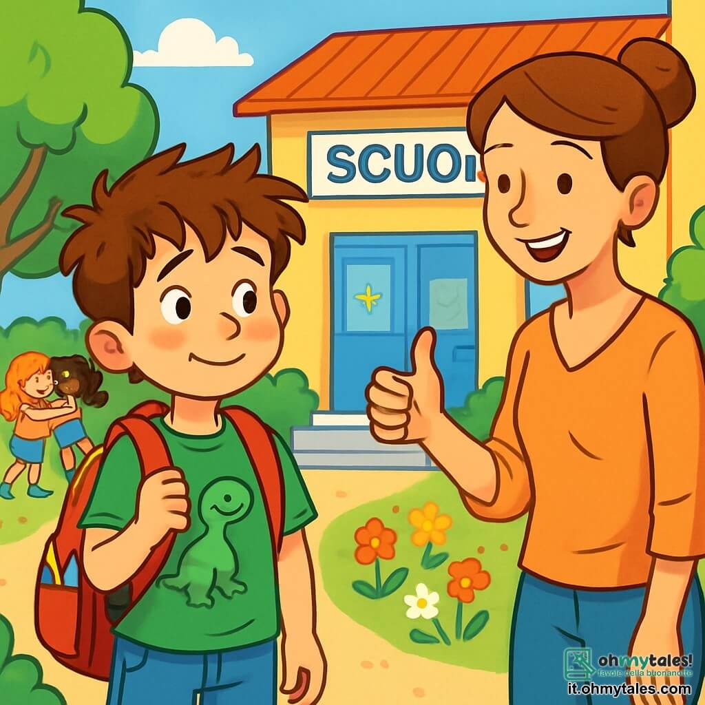 Un ragazzo di 10 anni, Matteo, con capelli castani disordinati e occhi scintillanti di eccitazione, si trova davanti all'ingresso della scuola. Indossa una maglietta verde con un piccolo dinosauro sorridente, jeans blu e uno zaino rosso pieno di materiale scolastico. Il suo viso esprime un mix di entusiasmo e nervosismo, con un leggero sorriso e guance leggermente arrossate. Accanto a lui, sua madre, una donna sui trent'anni con capelli castani raccolti in uno chignon, gli fa un gesto di incoraggiamento con un sorriso caloroso. Indossa una blusa leggera e pantaloni comodi, rimanendo leggermente in disparte, pronta a lasciarlo prendere il volo. La scuola è un edificio colorato con muri gialli e blu, circondato da un giardino fiorito dove i bambini giocano e ridono. Alberi verdi costeggiano l'ingresso e disegni di bambini decorano le finestre. Matteo, in piedi con il suo zaino, osserva gli altri bambini che si ritrovano, alcuni abbracciandosi dopo le vacanze. Prende un respiro profondo, pronto ad entrare in questa nuova avventura scolastica, sentendosi sia eccitato che un po' preoccupato.