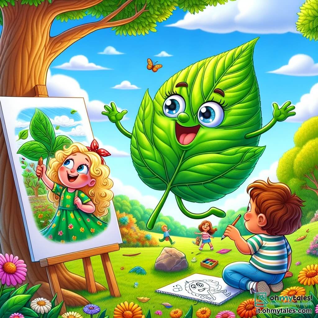 Una piccola foglia verde di nome Filo, con nervature delicate e un sorriso gioioso, ondeggia dolcemente al vento su un ramo di un grande albero. Osserva con meraviglia i bambini che giocano sotto. Anna, una bambina dai capelli biondi e ricci, indossa un vestito colorato e sta disegnando con pastelli su un grande foglio di carta, il suo viso illuminato dall'eccitazione. Marco, un ragazzo dai capelli castani e corti, vestito con una maglietta a righe, si inginocchia accanto a lei, tenendo una pietra colorata in mano, con uno sguardo curioso. Il luogo è un parco primaverile, pieno di fiori vivaci, alberi verdi e un cielo blu chiaro punteggiato di nuvole bianche e soffici. La scena principale mostra Filo, la foglia, che osserva con gioia Anna e Marco mentre si divertono a disegnare la bellezza della primavera, circondati dalla natura splendente e vivace.