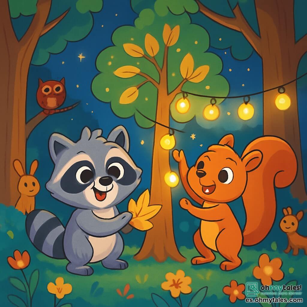 Tito, un pequeño mapache de pelaje esponjoso y grandes ojos curiosos, se encuentra en el centro del claro, sonriendo con entusiasmo mientras decora un árbol con hojas brillantes. A su lado, Lila, una ardilla ágil con una cola espesa y ojos chispeantes, cuelga luciérnagas centelleantes, mostrando una expresión alegre y decidida. El claro está iluminado por luces brillantes, rodeado de grandes árboles de troncos robustos, y el suelo está cubierto de flores coloridas que bailan suavemente con el viento. La escena irradia una atmósfera festiva y mágica, con animales del bosque ocupándose alrededor, listos para celebrar la fiesta de Año Nuevo. Tito y Lila, rodeados de sus amigos, preparan una gran fiesta, ansiosos por compartir risas y alegría bajo un cielo estrellado.