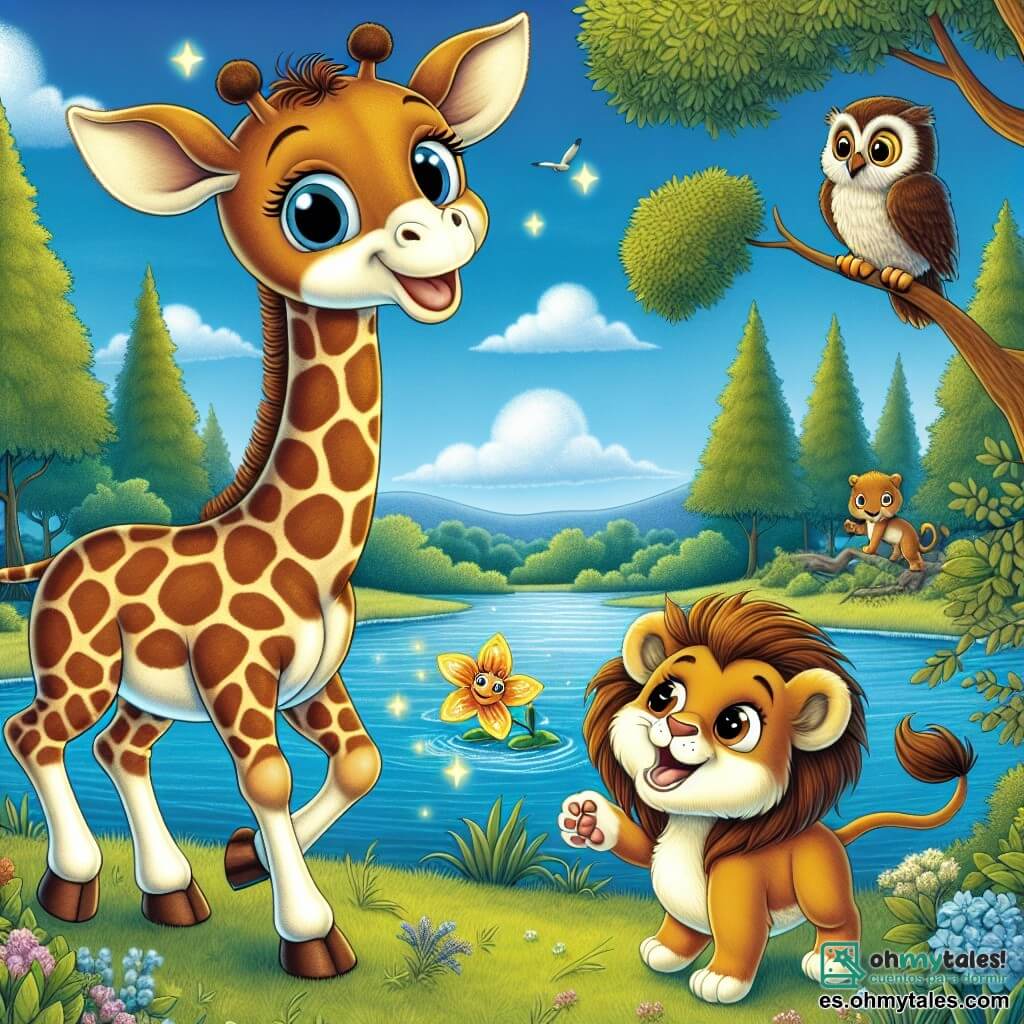 Una jirafa llamada Gigi, con un largo cuello manchado de marrón y crema, se encuentra alegremente al borde de un lago, sus grandes ojos brillando de emoción. Sonríe ampliamente, con las orejas erguidas, lista para la aventura. A su lado, Lila, una pequeña leona de pelaje dorado y ojos chispeantes, salta con entusiasmo, su cola azotando el aire, mientras señala una flor brillante flotando en el agua. En el fondo, Don Búho, un sabio búho de plumas marrones y blancas, está posado en una rama, observando la escena con una mirada benevolente. El lago está rodeado de grandes árboles verdes, cuyas hojas bailan suavemente con el viento, y el cielo es de un azul brillante, salpicado de algunas nubes blancas y esponjosas. La situación principal muestra a Gigi y Lila en plena búsqueda de la flor mágica perdida de Don Búho, creando una atmósfera de aventura y amistad.