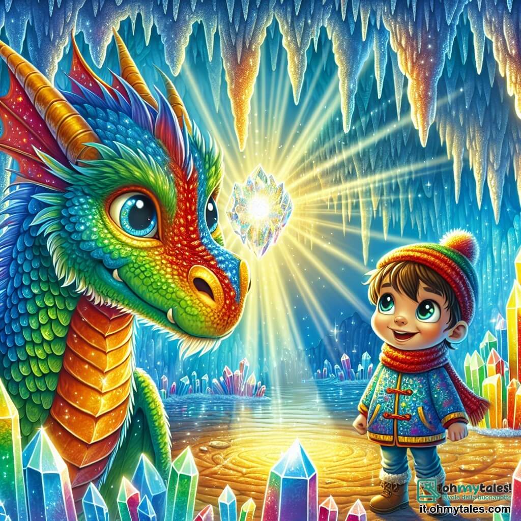 Un drago maestoso con squame scintillanti di blu, verde e rosso, con grandi occhi brillanti di gentilezza, si trova al centro di una grotta luminosa. Sorride con un'espressione gioiosa, le sue ali spiegate creano un arcobaleno di colori intorno a lui. Accanto a lui, un ragazzo di 8 anni, con capelli castani arruffati e occhi spalancati di meraviglia, guarda il drago con ammirazione. Indossa un colorato cappotto invernale e si tiene in punta di piedi, pronto a toccare l'Occhio di Cristallo che brilla al centro della grotta. La grotta è piena di pareti di cristallo scintillanti che riflettono migliaia di colori, creando un'atmosfera magica. Stalattiti scintillanti pendono dal soffitto e una dolce luce dorata inonda lo spazio, illuminando i volti dei due amici. La scena principale mostra il drago e il ragazzo insieme davanti all'Occhio di Cristallo, un artefatto brillante che emette una luce calda, simboleggiando la loro amicizia e la magia della loro avventura.